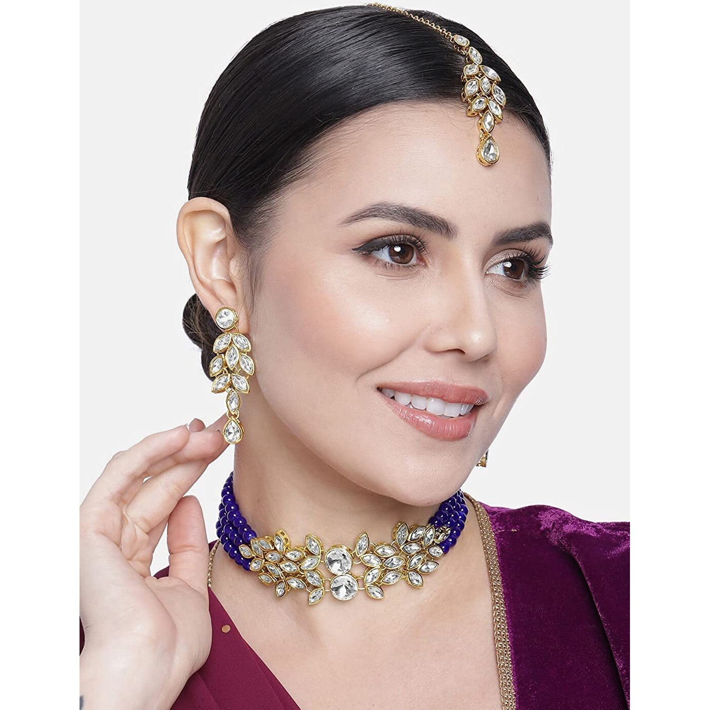 I Jewels 18K Gold Plated Traditional Kundan Stone Studded Pearl Choker Necklace Set For Women (ML285) (Blue)
