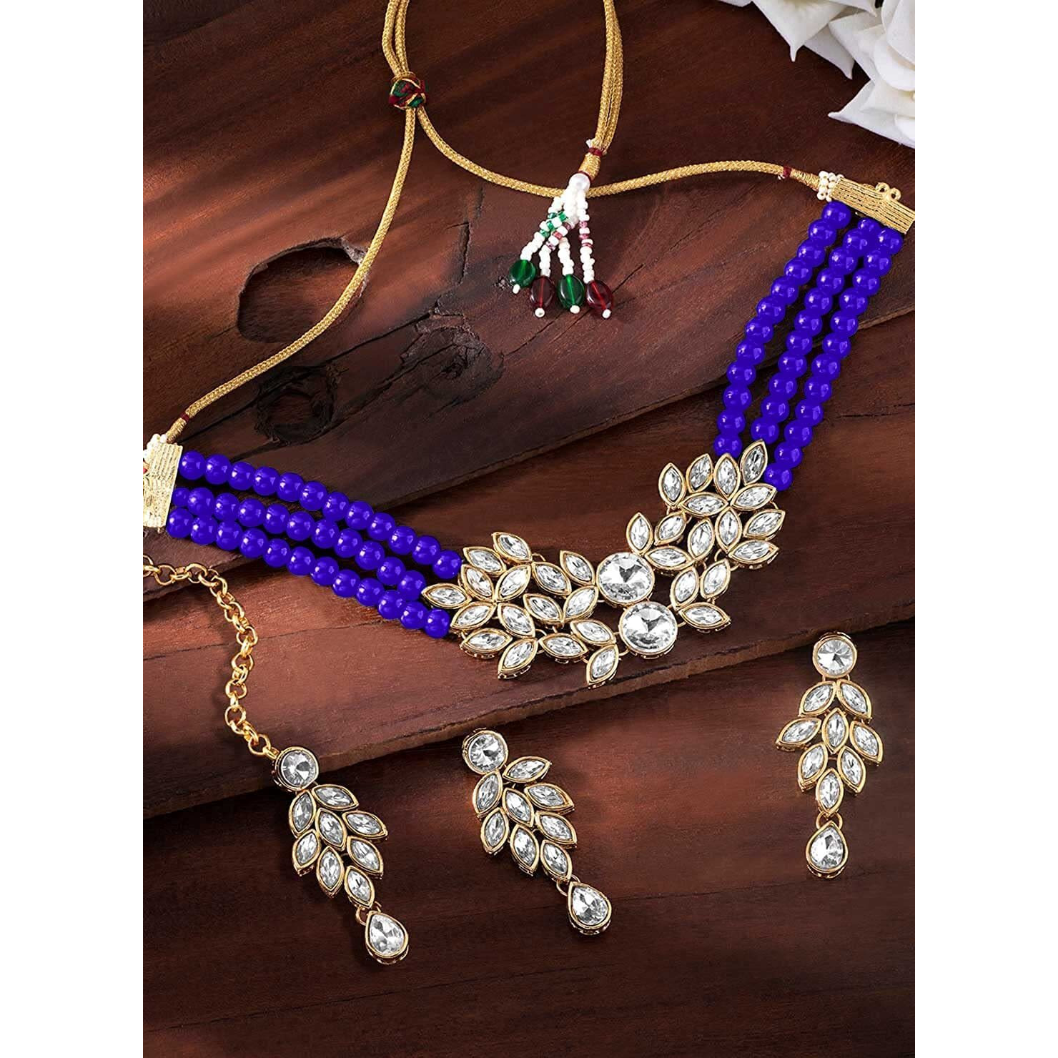 I Jewels 18K Gold Plated Traditional Kundan Stone Studded Pearl Choker Necklace Set For Women (ML285) (Blue)