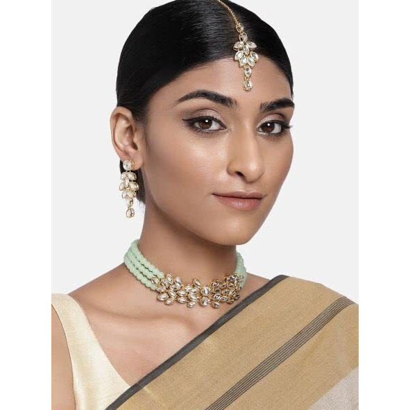 I Jewels 18K Gold Plated Traditional Stone Studded Pearl Choker Necklace Set For Women (ML285Min)