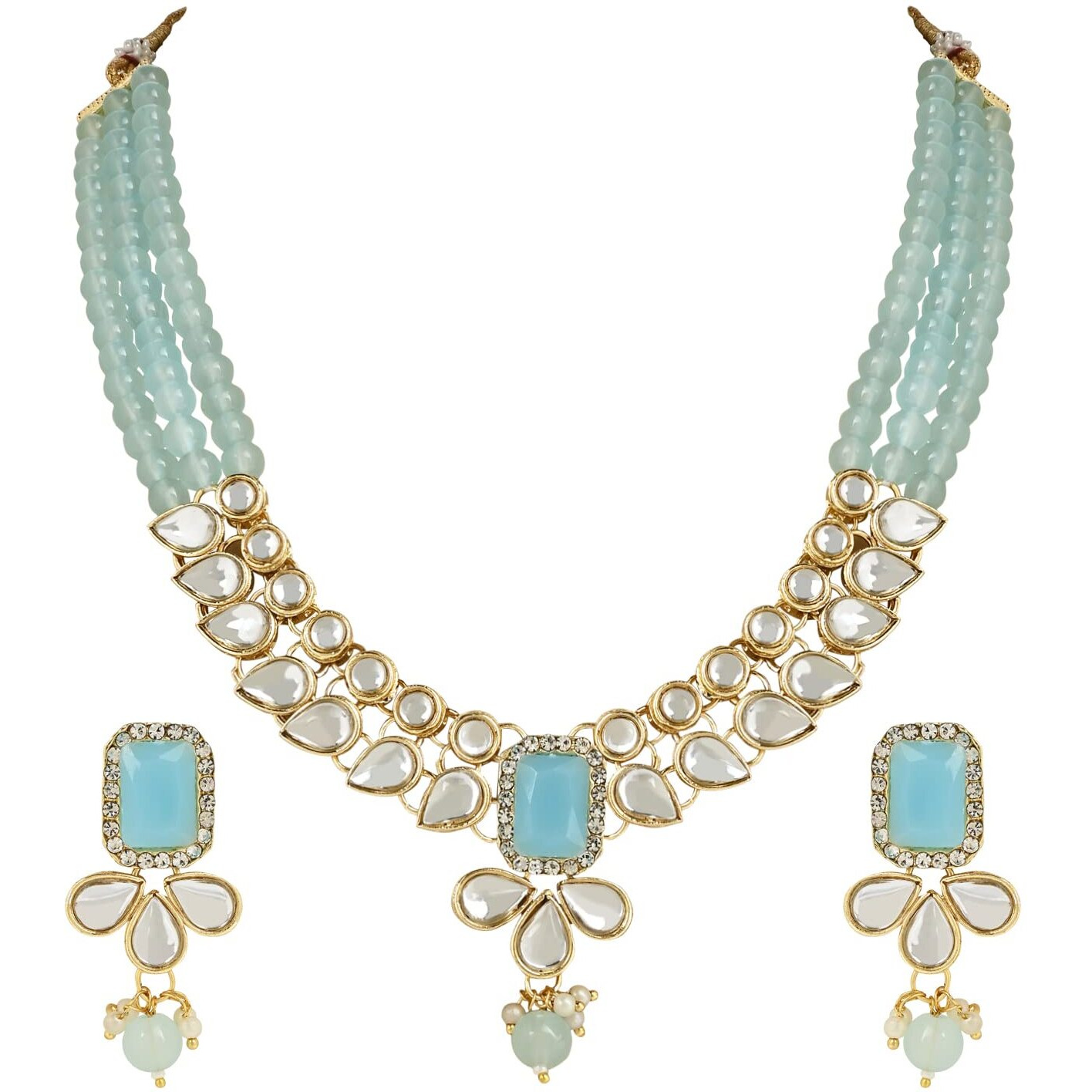 I Jewels 18K Gold Plated Traditional White Kundan Studded Multi Layered Pearl Necklace Jewellery Set with Dangle Earrings for Women And Girls (IJ354) (Turquoise)