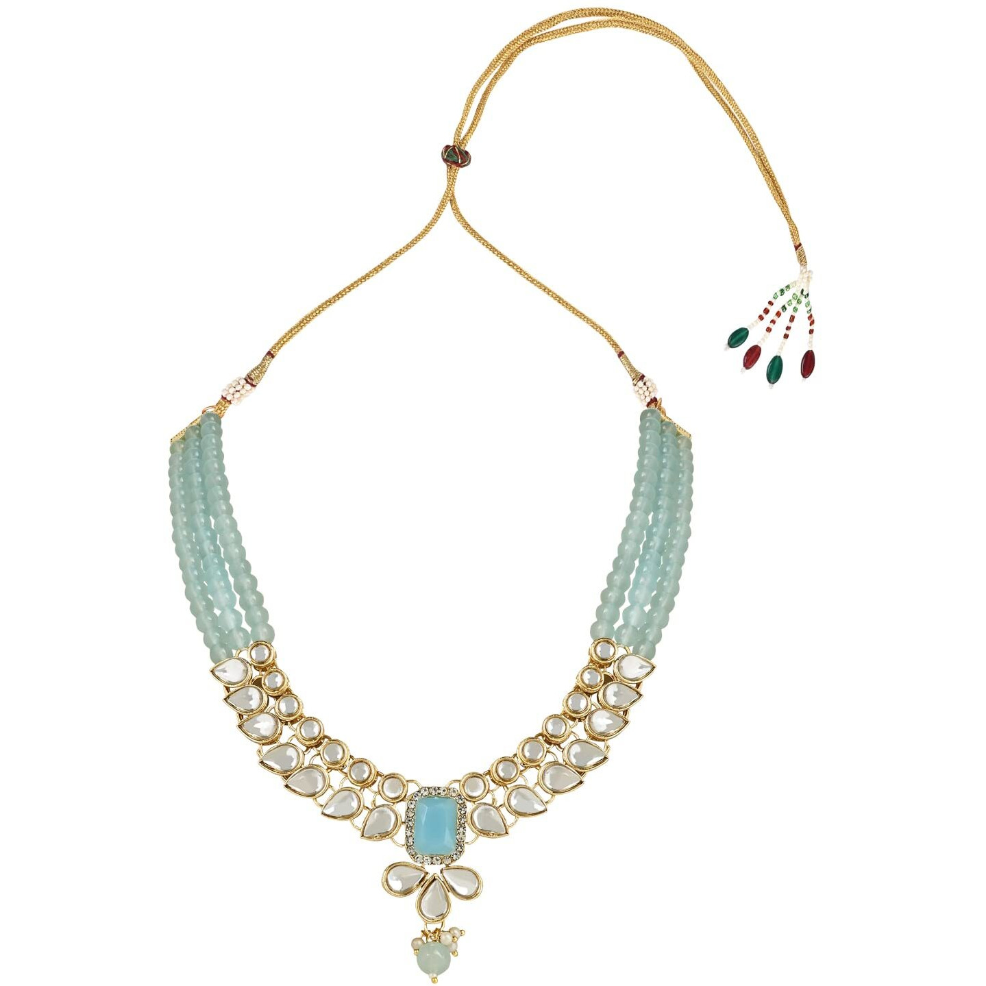 I Jewels 18K Gold Plated Traditional White Kundan Studded Multi Layered Pearl Necklace Jewellery Set with Dangle Earrings for Women And Girls (IJ354) (Turquoise)