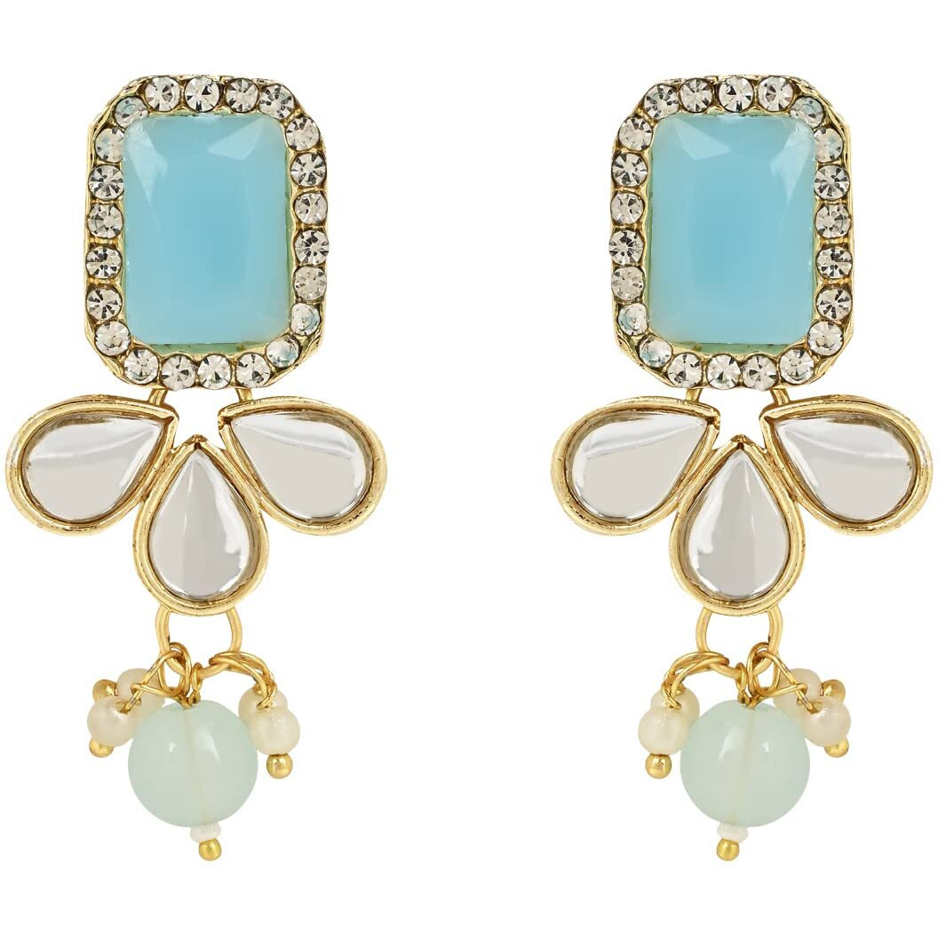 I Jewels 18K Gold Plated Traditional White Kundan Studded Multi Layered Pearl Necklace Jewellery Set with Dangle Earrings for Women And Girls (IJ354) (Turquoise)