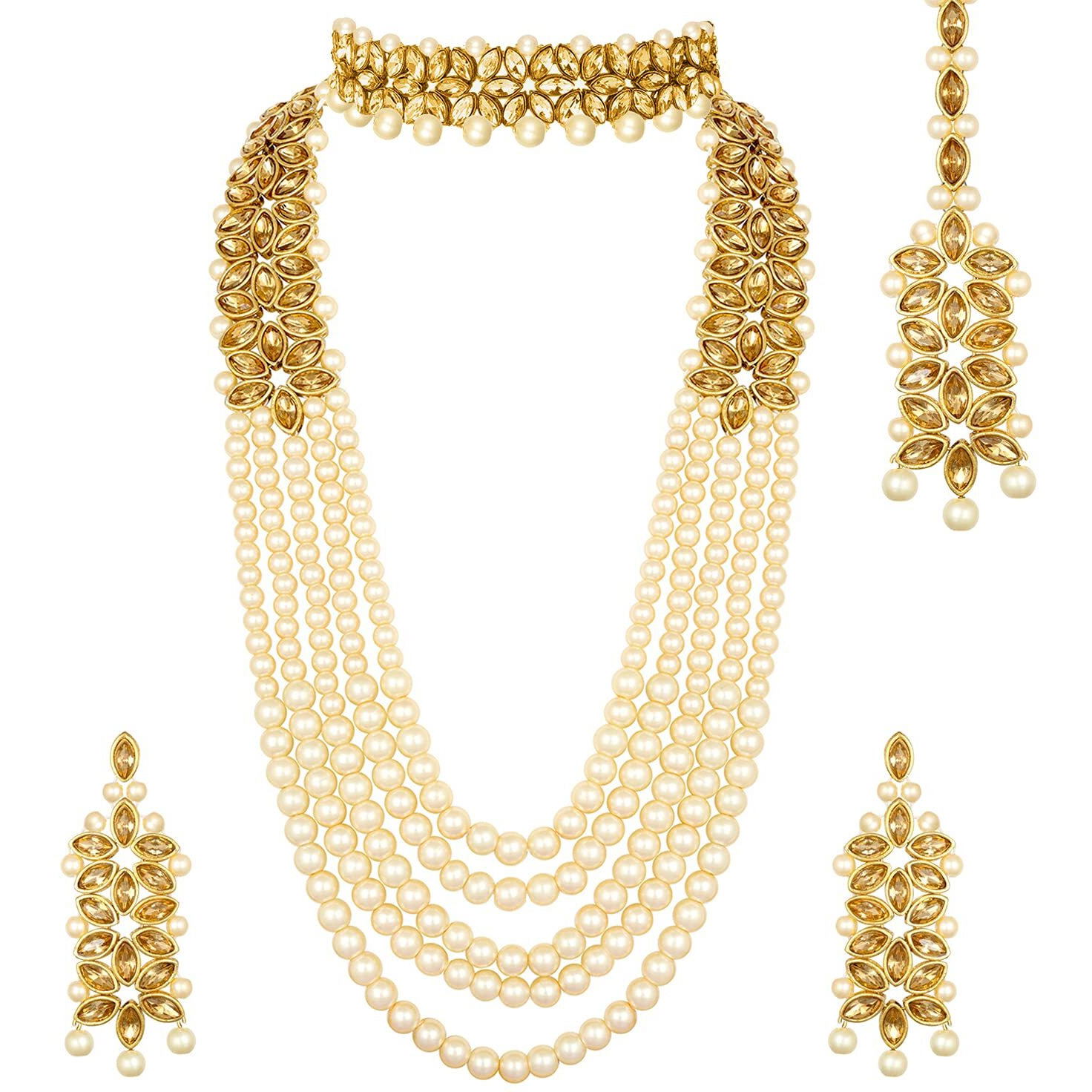 Peora Gold Plated Traditional Kundan Gold Plated Brass Alloy Long Necklace Jewellery Set with Earring Maang Tikka for Women Girls (Gold)