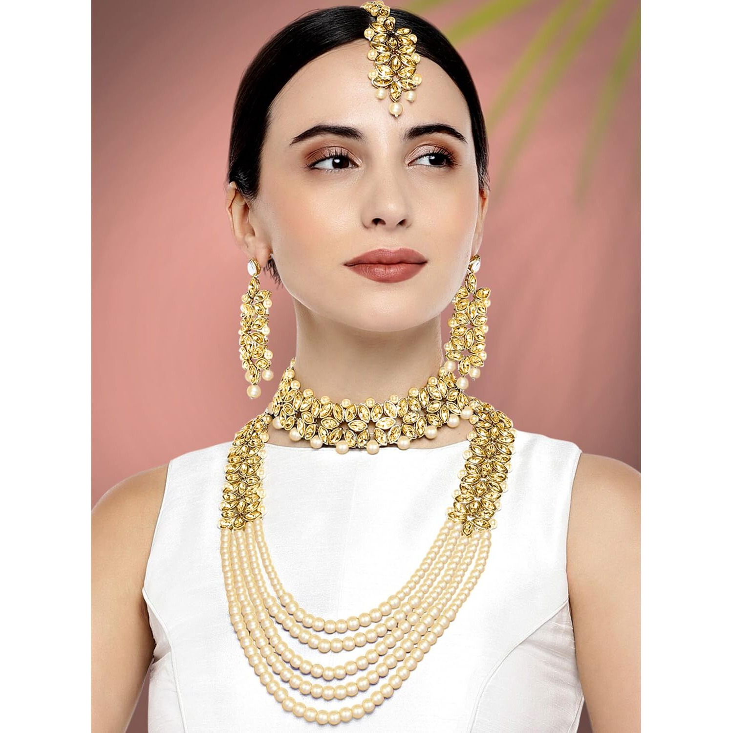 Peora Gold Plated Traditional Kundan Gold Plated Brass Alloy Long Necklace Jewellery Set with Earring Maang Tikka for Women Girls (Gold)