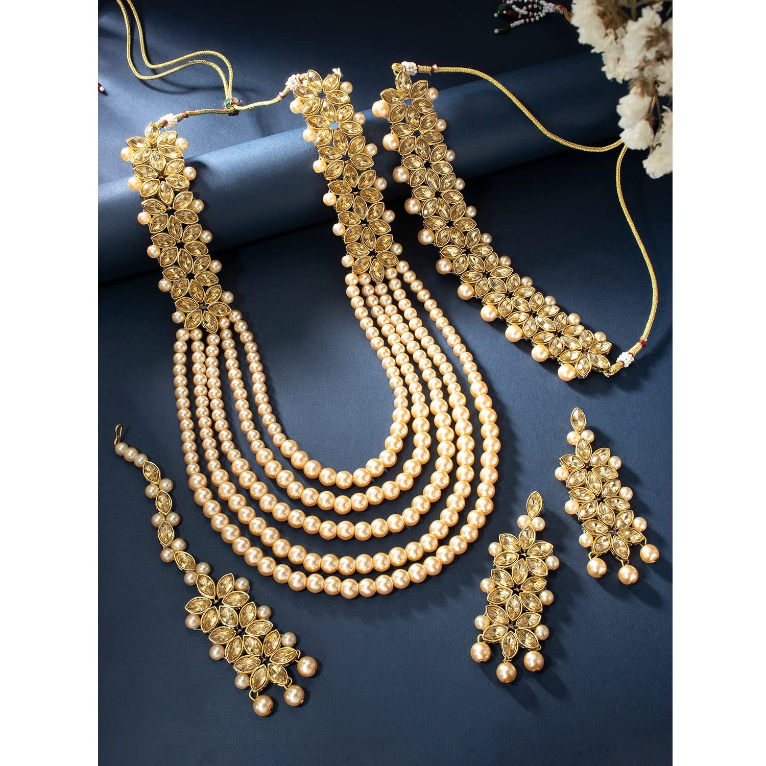Peora Gold Plated Traditional Kundan Gold Plated Brass Alloy Long Necklace Jewellery Set with Earring Maang Tikka for Women Girls (Gold)