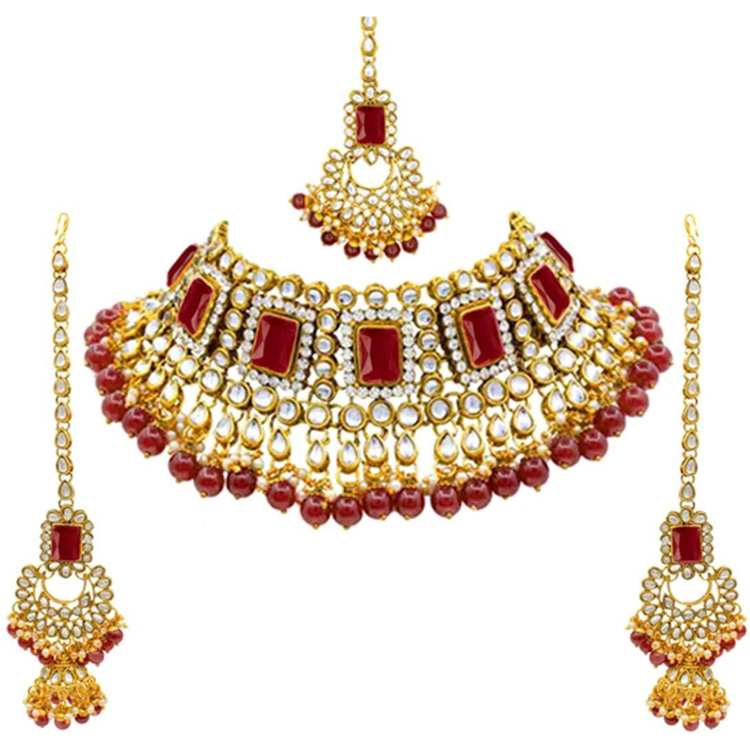 Peora Rani Padmavati Dulhan Bridal Kundan Pearl Choker Necklace with Earrings Maang Tikka for Women Girls Indian Traditional Jewellery Set
