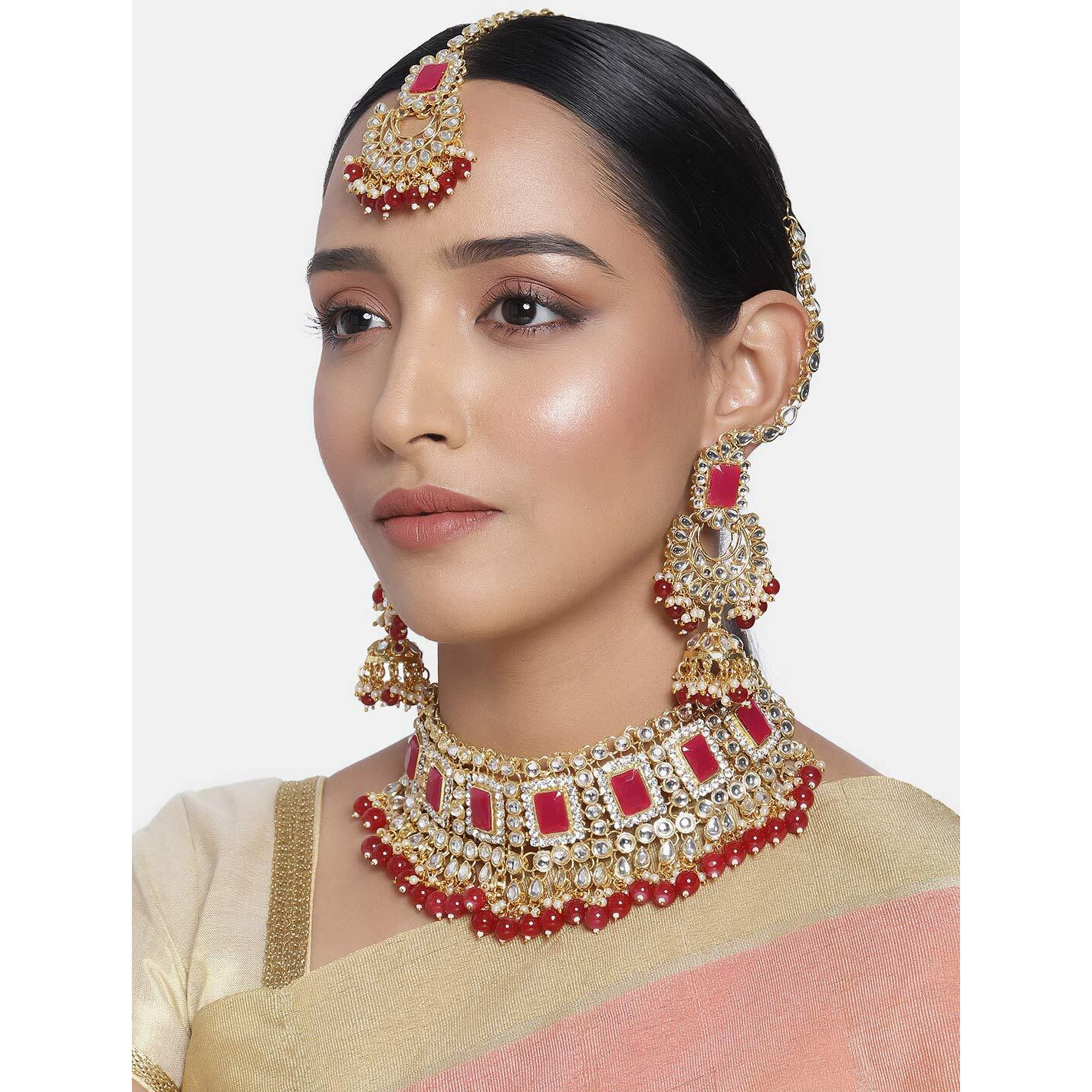 Peora Rani Padmavati Dulhan Bridal Kundan Pearl Choker Necklace with Earrings Maang Tikka for Women Girls Indian Traditional Jewellery Set