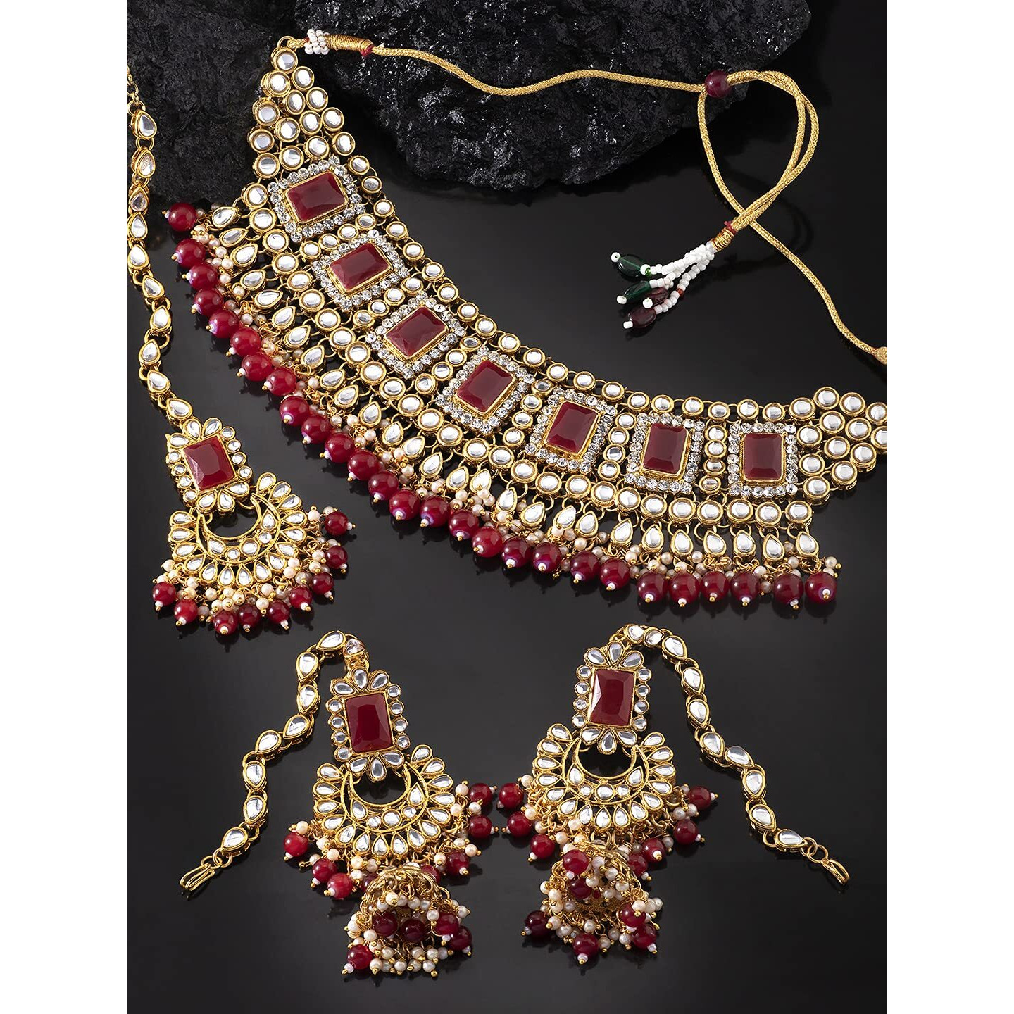 Peora Rani Padmavati Dulhan Bridal Kundan Pearl Choker Necklace with Earrings Maang Tikka for Women Girls Indian Traditional Jewellery Set
