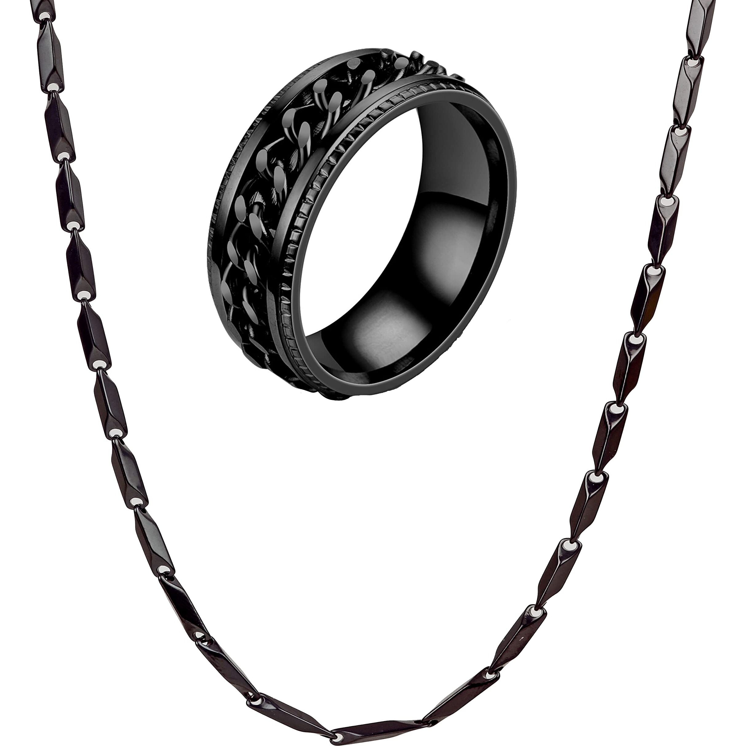 Fashion Frill Mens Jewellery Black Silver Chain For Men Stainless Steel Rice Chain Silver Chain For Men Boys With Ratable Ring Chain For Men Boys Valentine Gift For Boyfriend