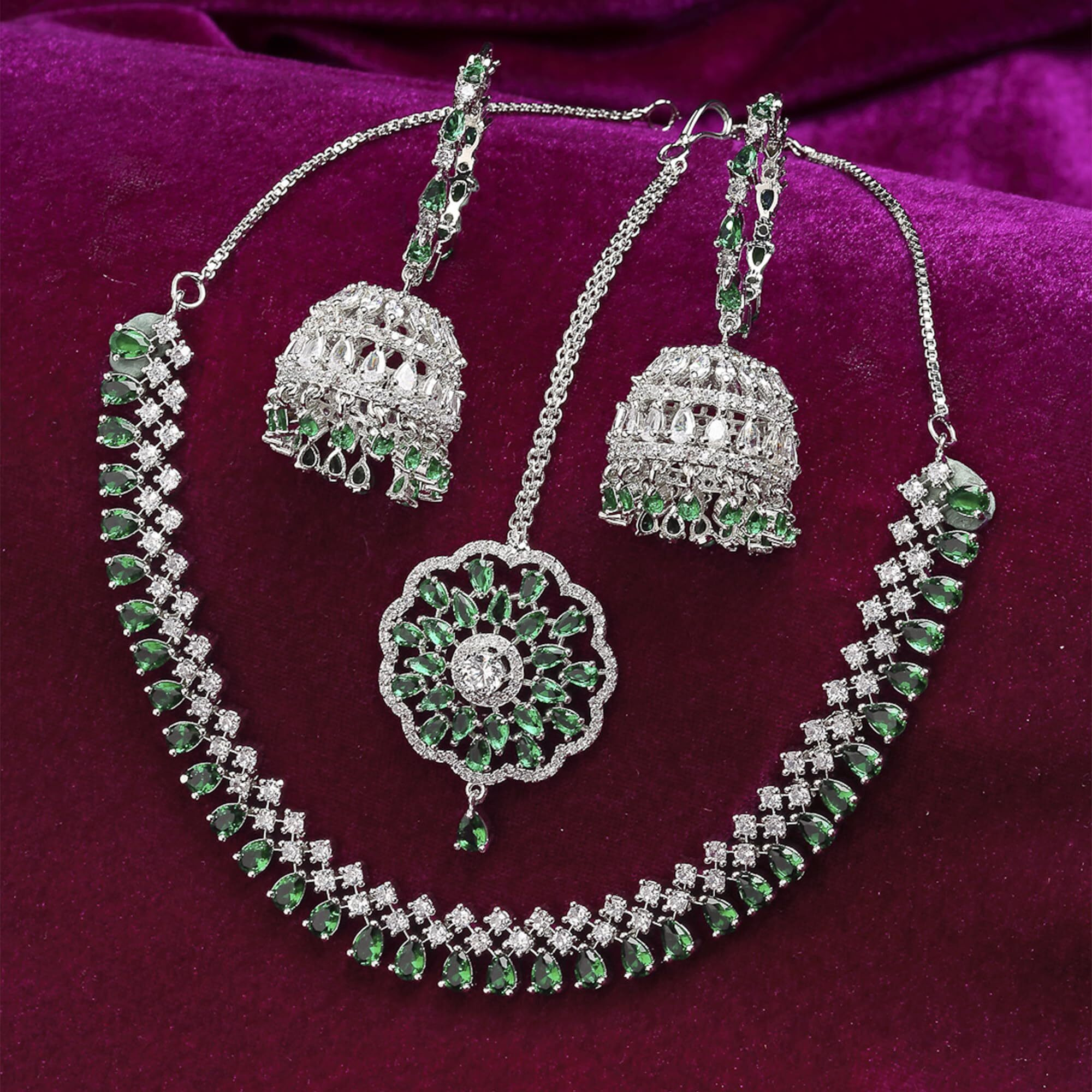 ZENEME Jewellery Sparkling American Diamond Collar Necklace with Designer Jhumka/Jhumki Earrings Maang Tikka for Women and Girls (Green)