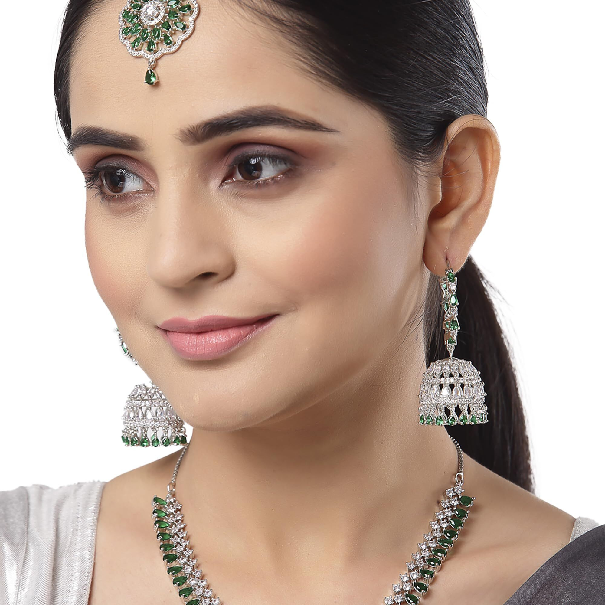 ZENEME Jewellery Sparkling American Diamond Collar Necklace with Designer Jhumka/Jhumki Earrings Maang Tikka for Women and Girls (Green)