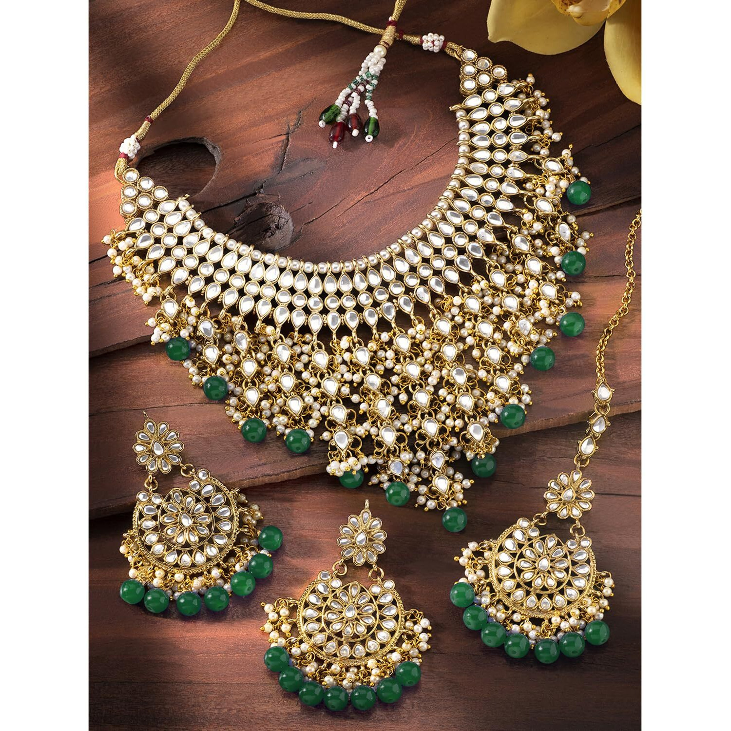 Peora Traditional Kundan & Pearl Drop Bridal Dulhan Necklace Earring with Maang Tikka Jewellery Set for Women Girls