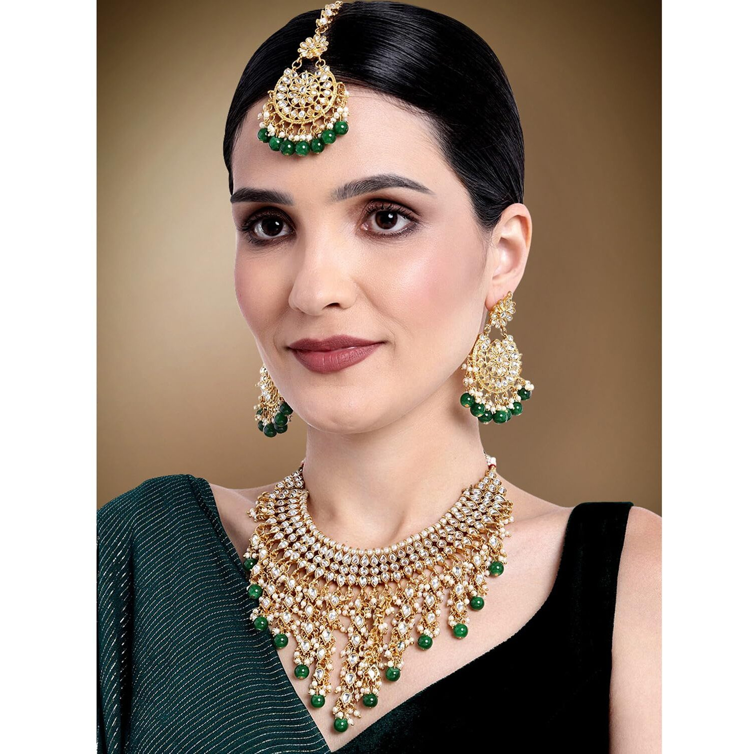 Peora Traditional Kundan & Pearl Drop Bridal Dulhan Necklace Earring with Maang Tikka Jewellery Set for Women Girls