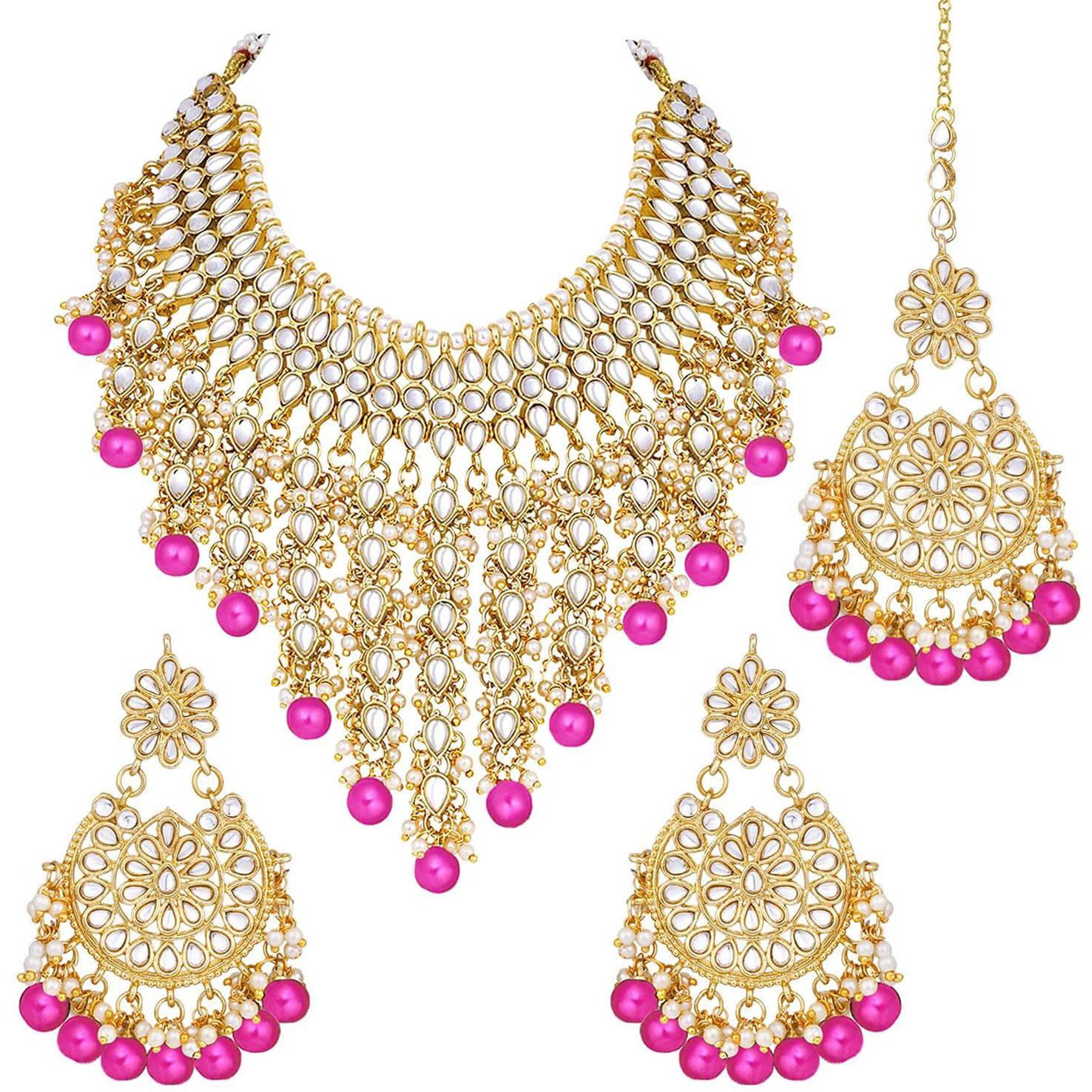 Peora Traditional Kundan & Pearl Drop Rani Pink Choker Necklace Earring Set with Maang Tikka for Women