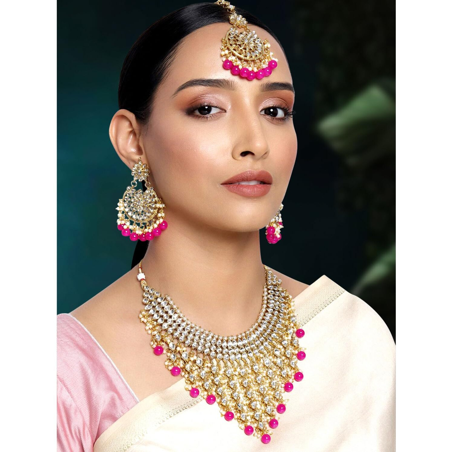 Peora Traditional Kundan & Pearl Drop Rani Pink Choker Necklace Earring Set with Maang Tikka for Women