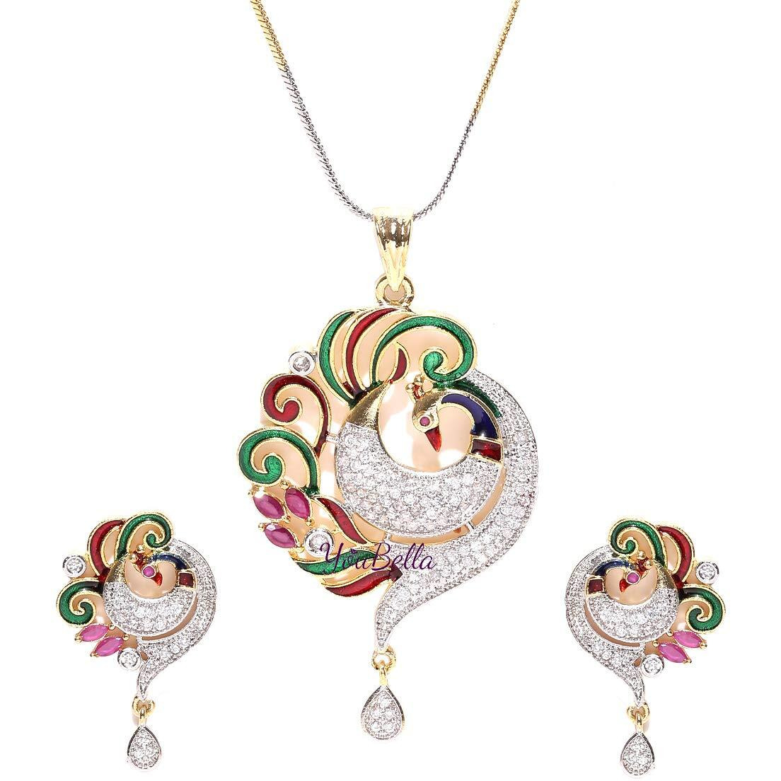 YouBella Jewellery CZ Designer Peacock Pendant Set with Chain (Style 1)