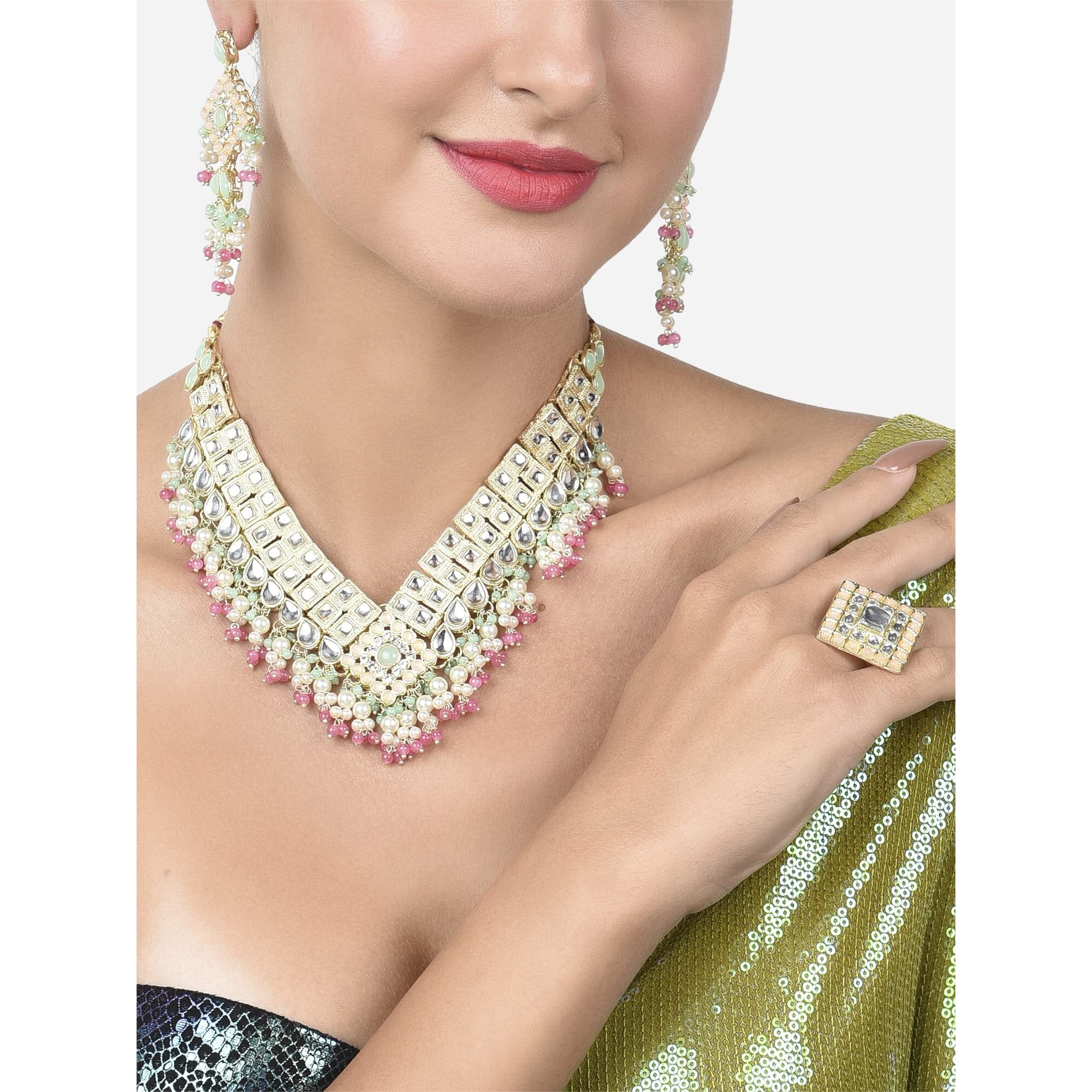 ZAVERI PEARLS Green Pink Stones & Cluster Beads Kundan Necklace Earring & Ring Set For Women-ZPFK15357