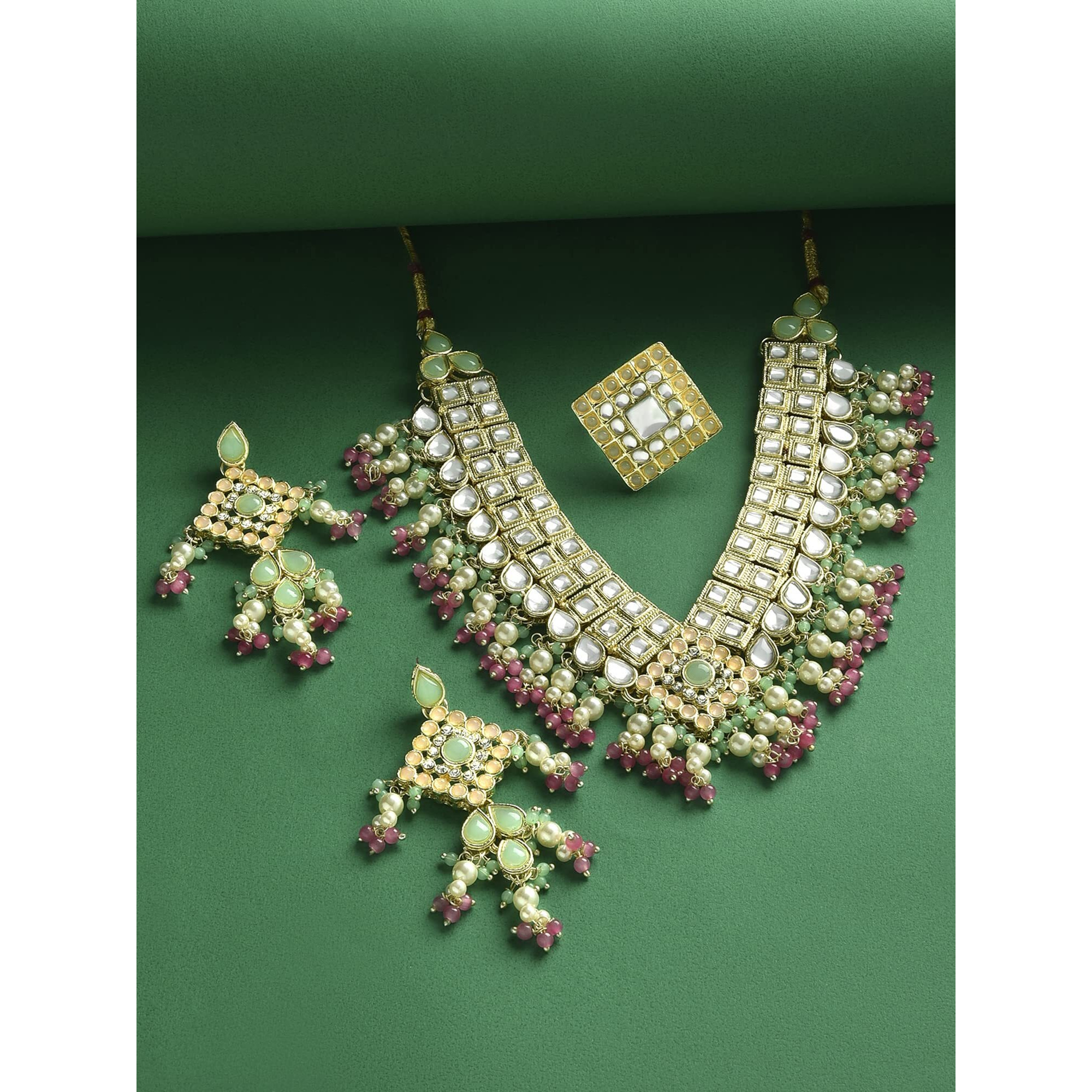 ZAVERI PEARLS Green Pink Stones & Cluster Beads Kundan Necklace Earring & Ring Set For Women-ZPFK15357