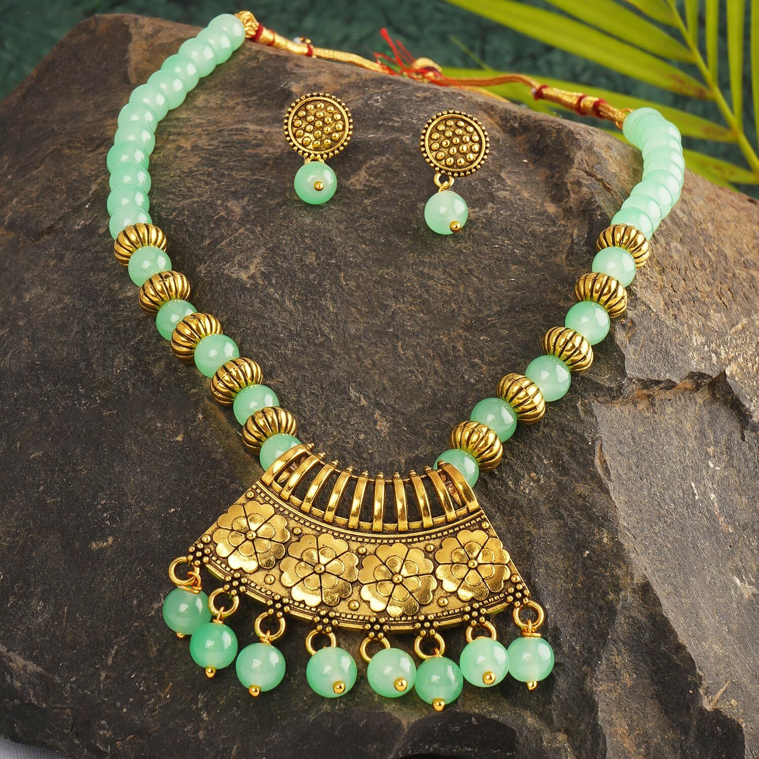 JFL - Jewellery for Less Stylish Gold Plated Antique Semi-Circle Pendant Beaded Tribal Necklace Set for Women and Girls (Mint Green),Valentine