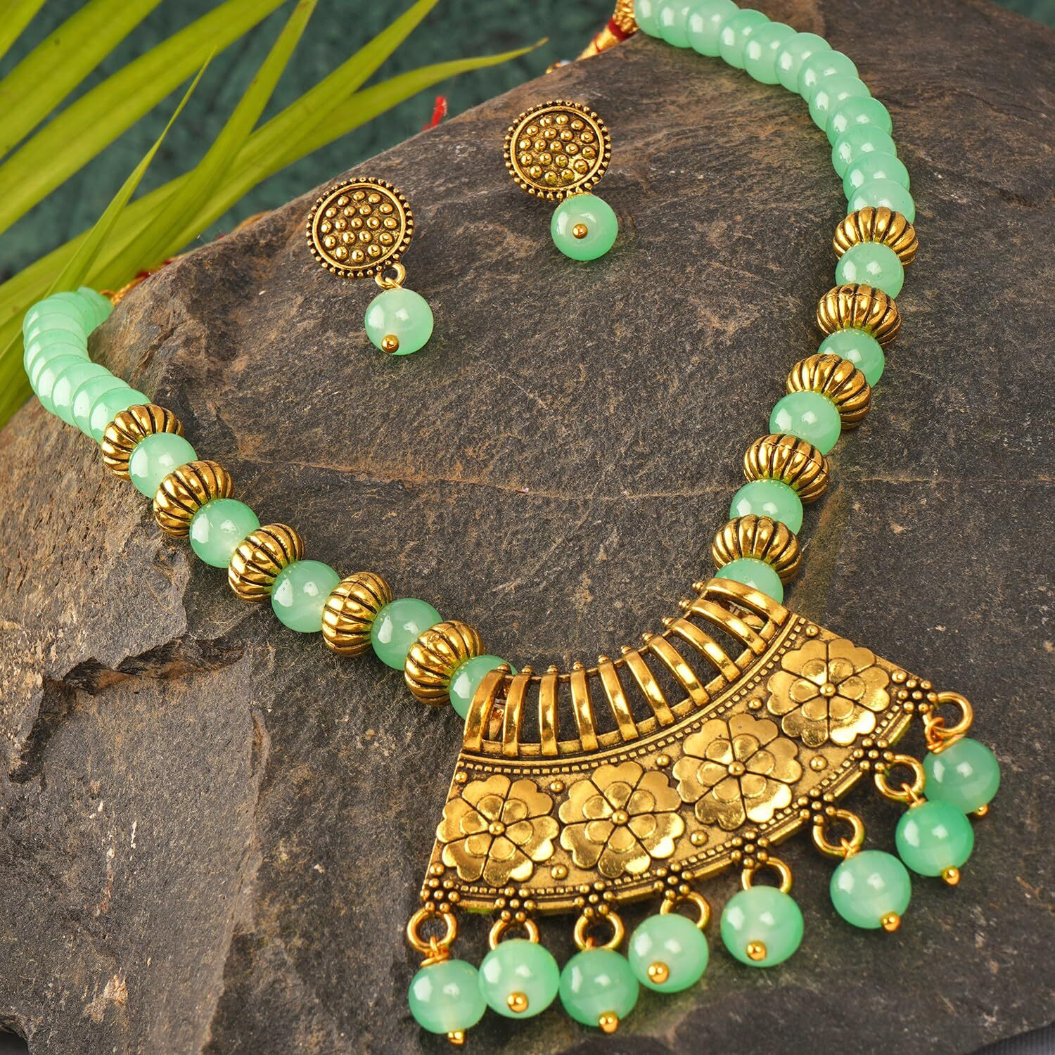 JFL - Jewellery for Less Stylish Gold Plated Antique Semi-Circle Pendant Beaded Tribal Necklace Set for Women and Girls (Mint Green),Valentine