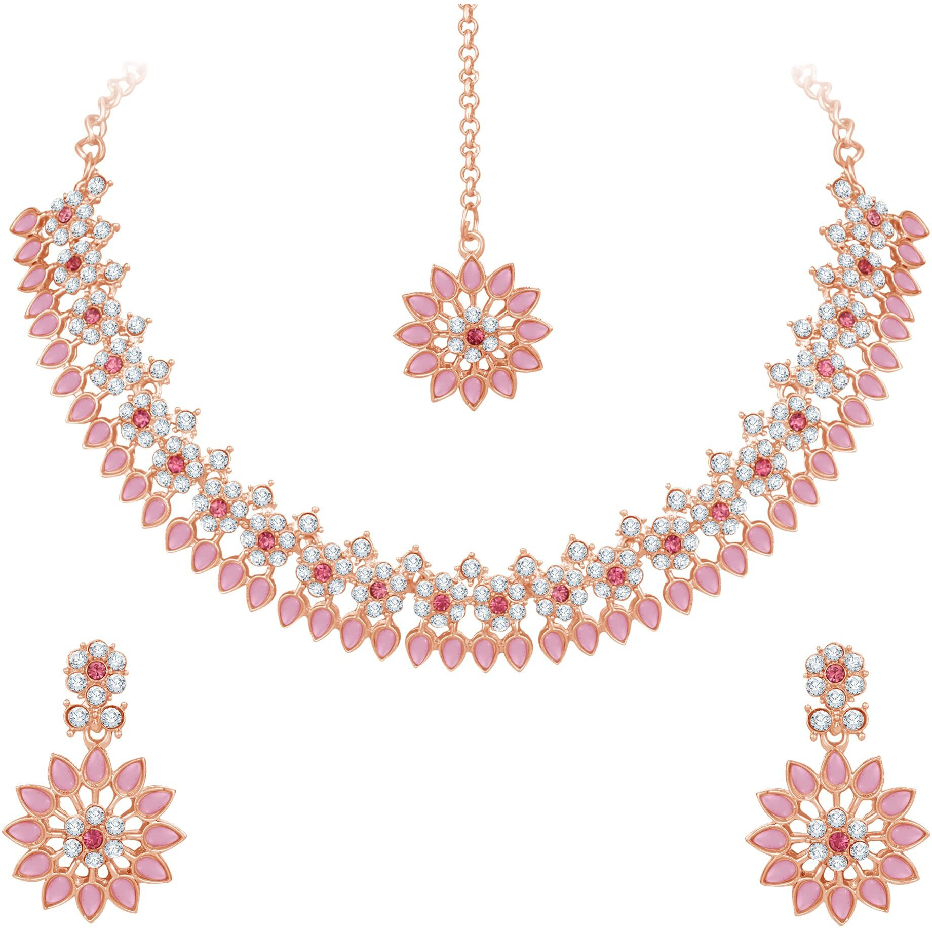 Atasi International Gold Plated Crystal Necklace with Earrings and Maang Tikka for Women - Jewellery Set for Party, Wedding, Engagement (MP5744)