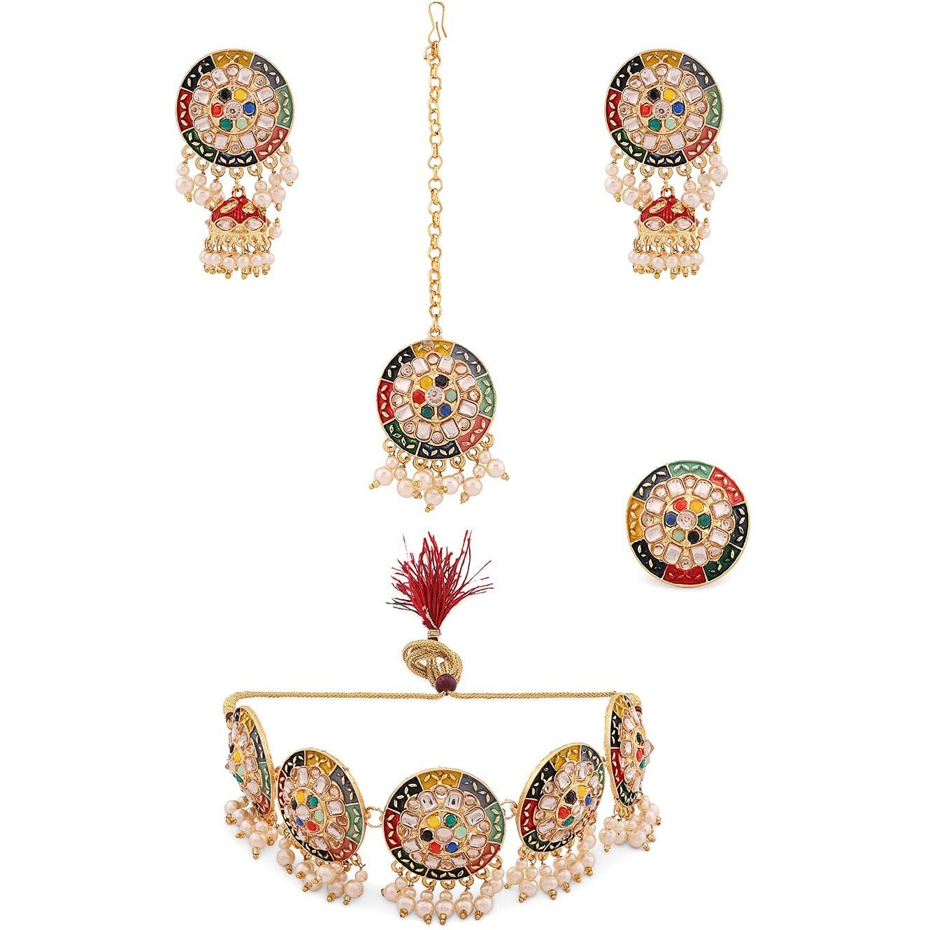 ZAVERI PEARLS Multicolor Meenakari Flower Design Choker Necklace Earring Maangtikka & Ring Set For Women-ZPFK13825