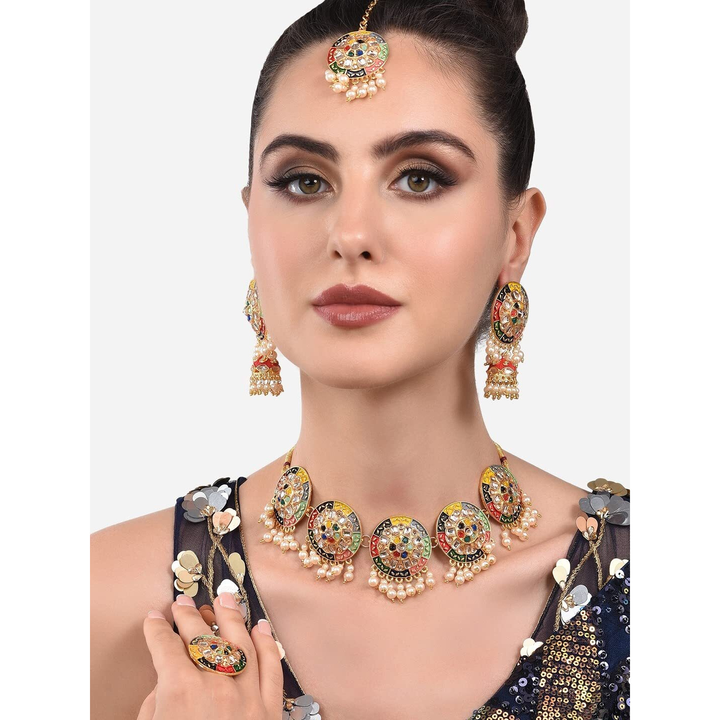 ZAVERI PEARLS Multicolor Meenakari Flower Design Choker Necklace Earring Maangtikka & Ring Set For Women-ZPFK13825