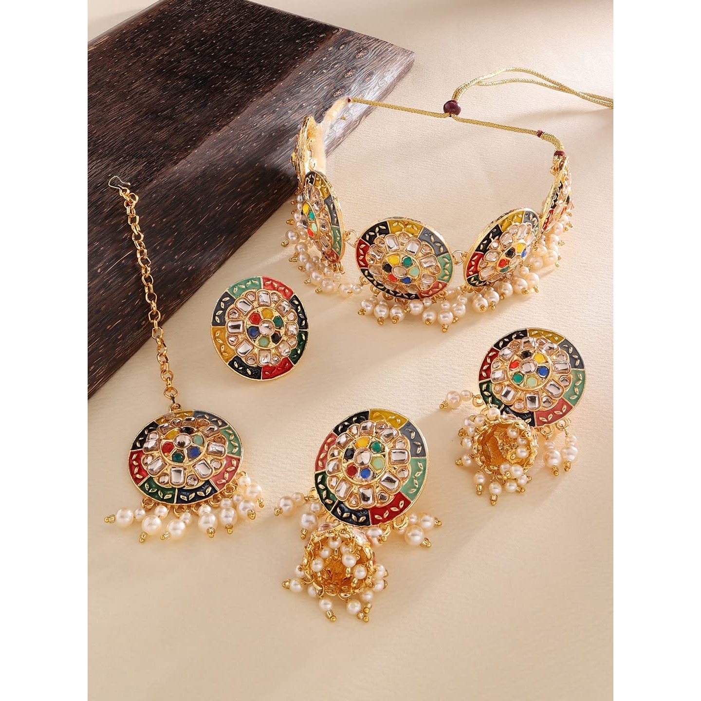 ZAVERI PEARLS Multicolor Meenakari Flower Design Choker Necklace Earring Maangtikka & Ring Set For Women-ZPFK13825