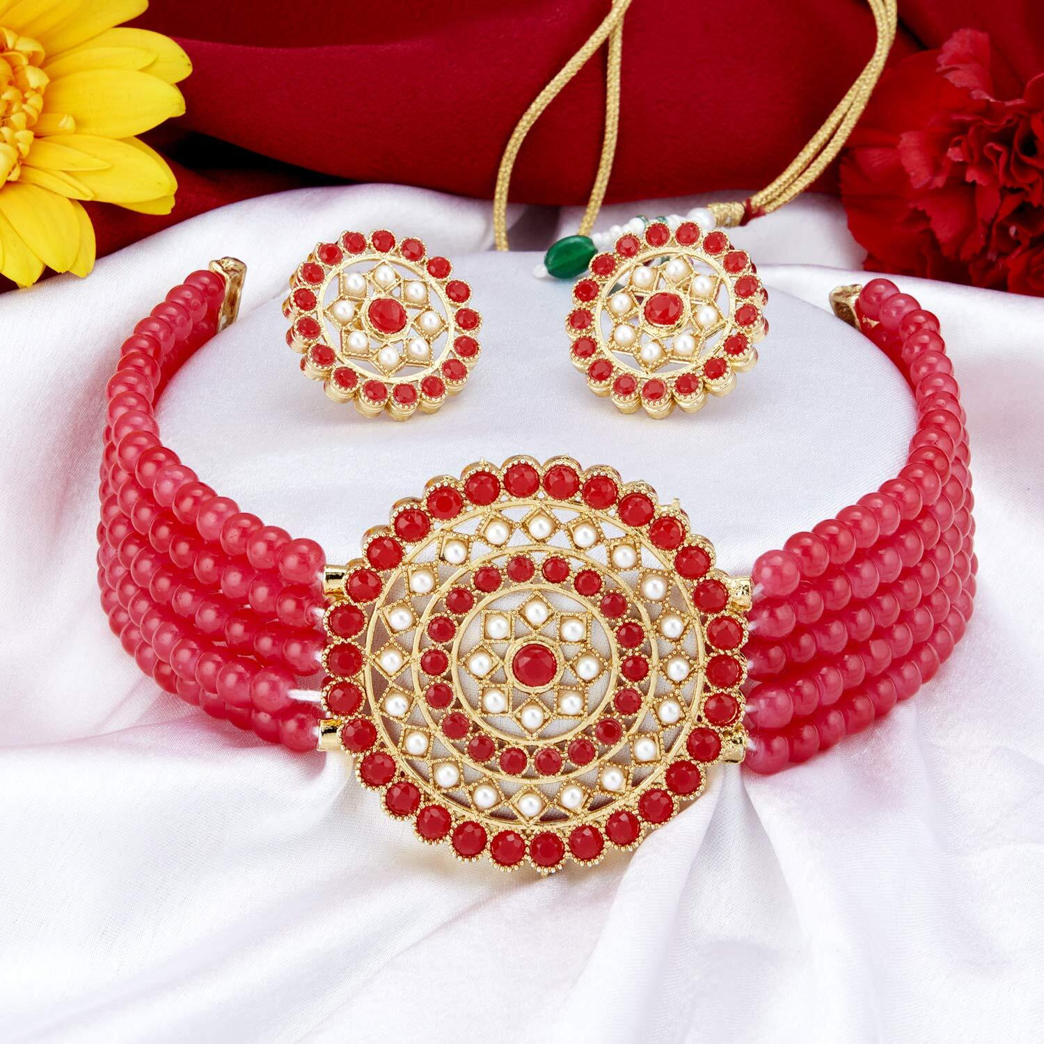 Sukkhi Eye-Catchy Gold Plated Red & White Pearl Choker Necklace Set for Women (SKR70452), free size