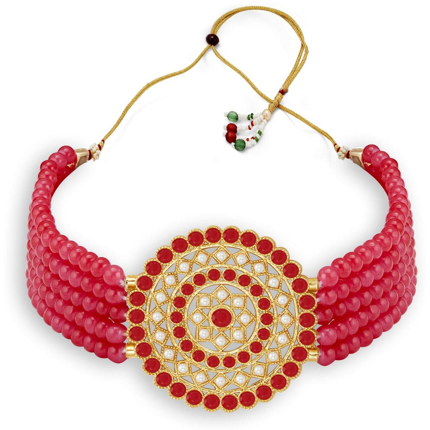 Sukkhi Eye-Catchy Gold Plated Red & White Pearl Choker Necklace Set for Women (SKR70452), free size