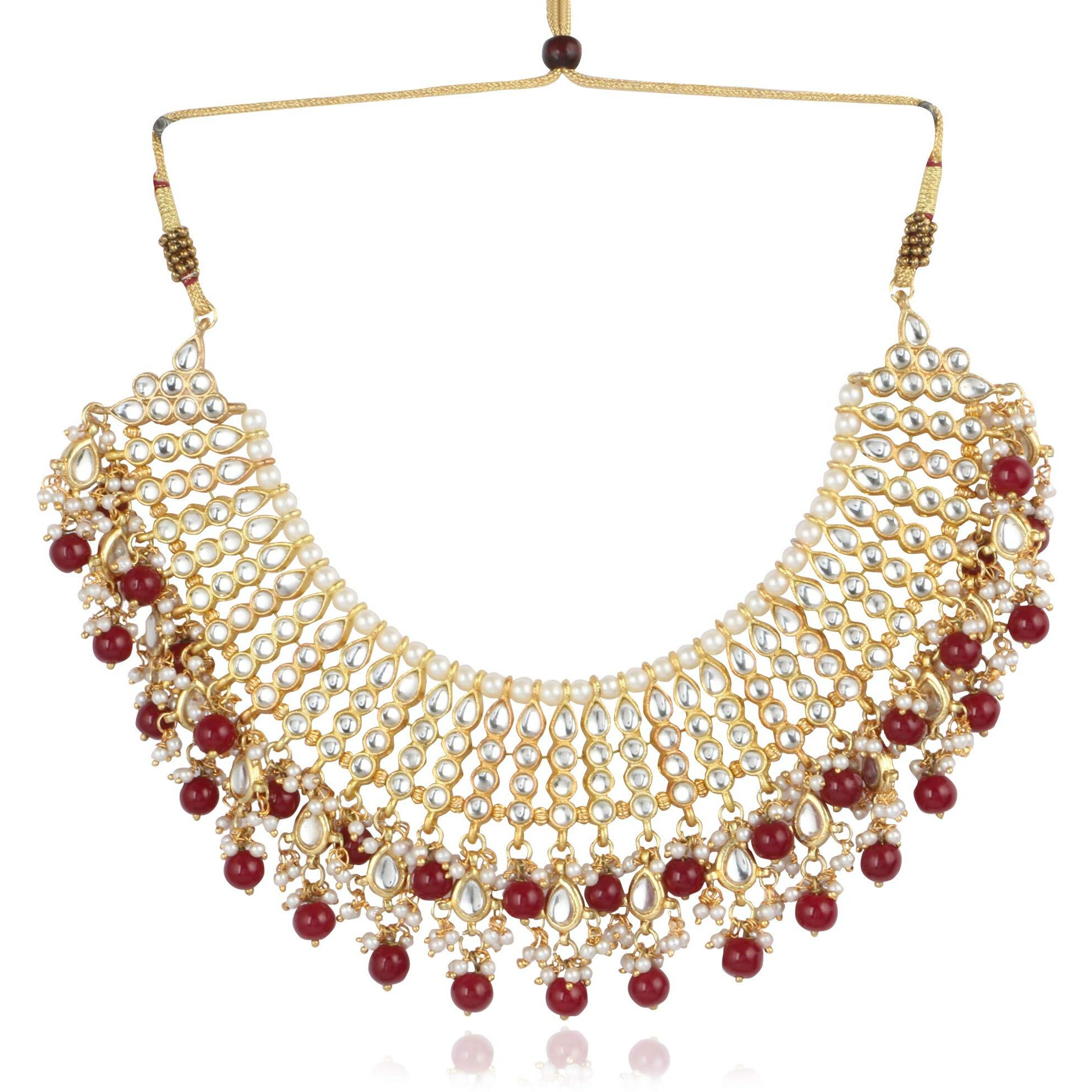 Karatcart 22K GoldPlated Traditional Kundan Pearl Bridal Red Choker Jewellery Set for Women