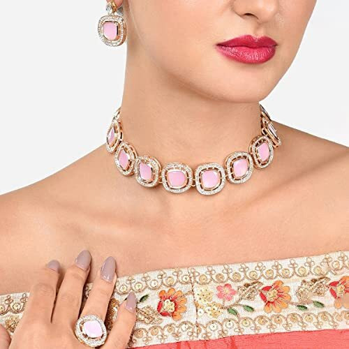 ZAVERI PEARLS Pink Stones Dazzling Austrian Diamonds Necklace Earring & Ring Set For Women-ZPFK16074