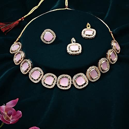 ZAVERI PEARLS Pink Stones Dazzling Austrian Diamonds Necklace Earring & Ring Set For Women-ZPFK16074