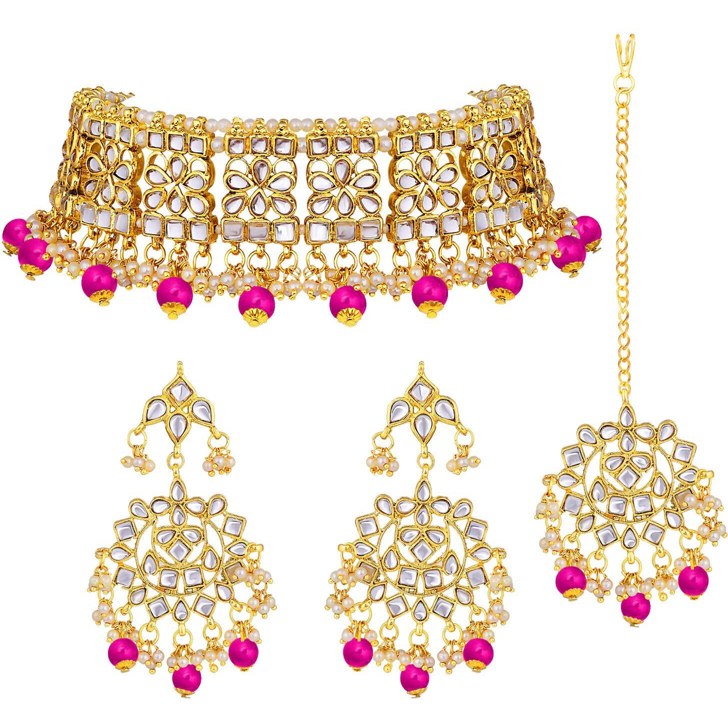 Peora Ethnic Indian Traditional Gold Plated Kundan Necklace Earring Maang Tikka Jewellery Set for Women Girls