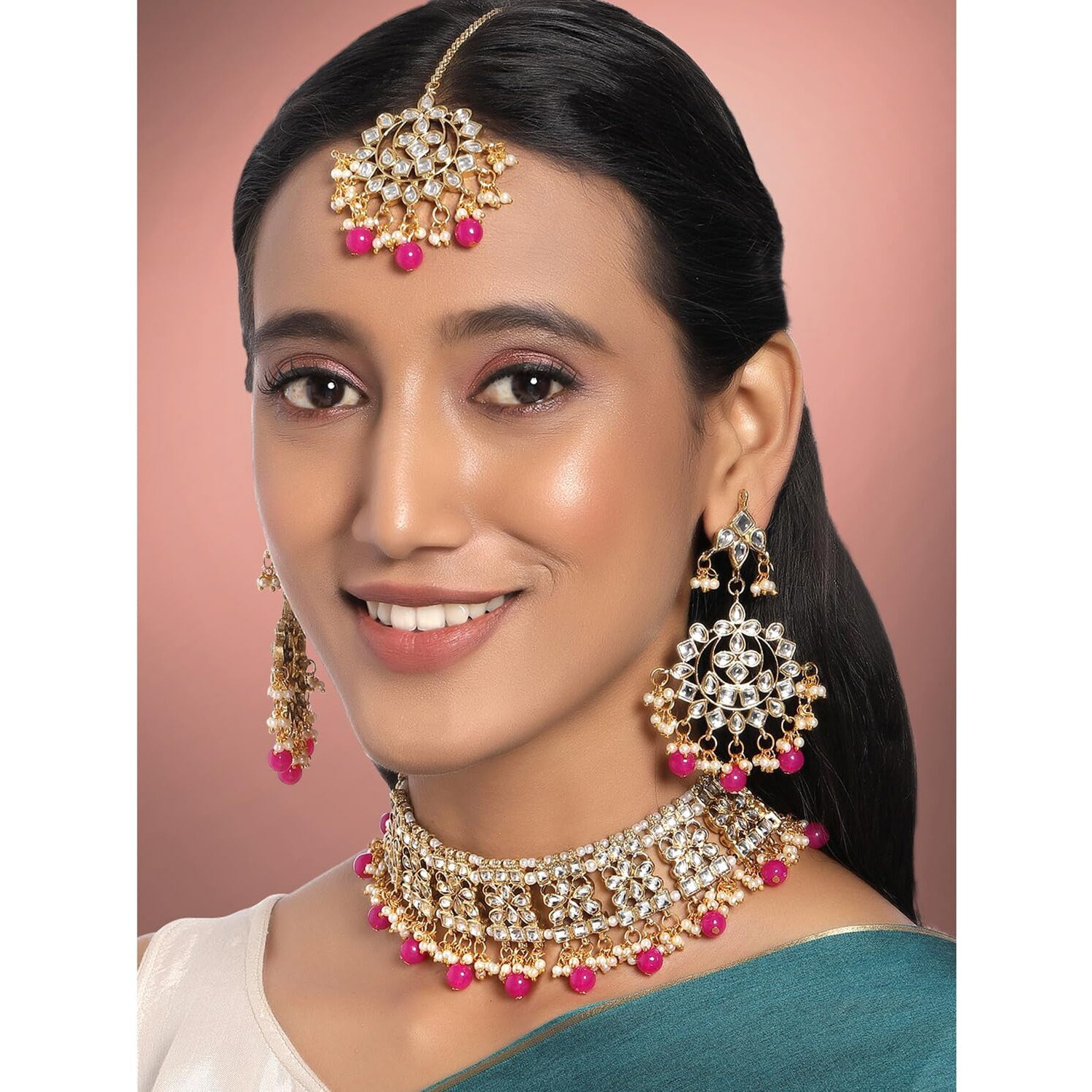 Peora Ethnic Indian Traditional Gold Plated Kundan Necklace Earring Maang Tikka Jewellery Set for Women Girls