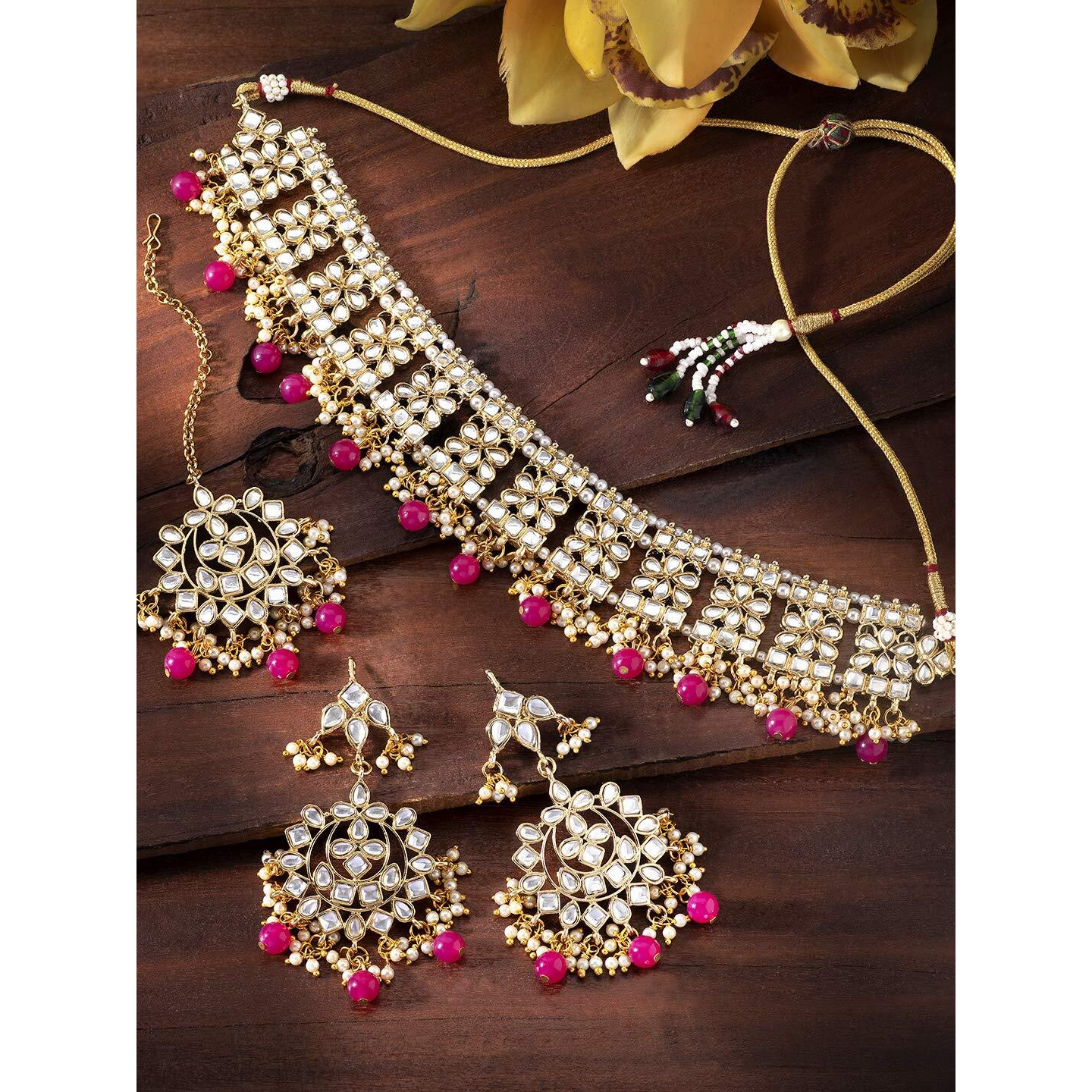 Peora Ethnic Indian Traditional Gold Plated Kundan Necklace Earring Maang Tikka Jewellery Set for Women Girls