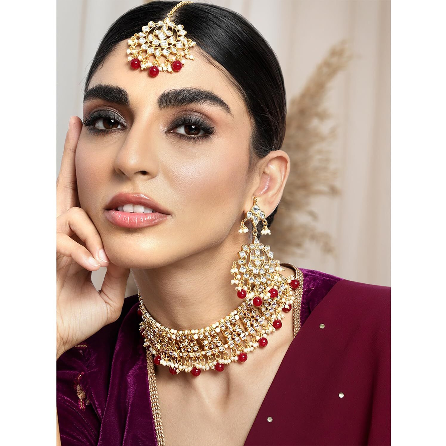 Peora Ethnic Indian Traditional Jewellery Kundan Choker Necklace Earring Maang Tikka Set for Women Girls (Maroon)