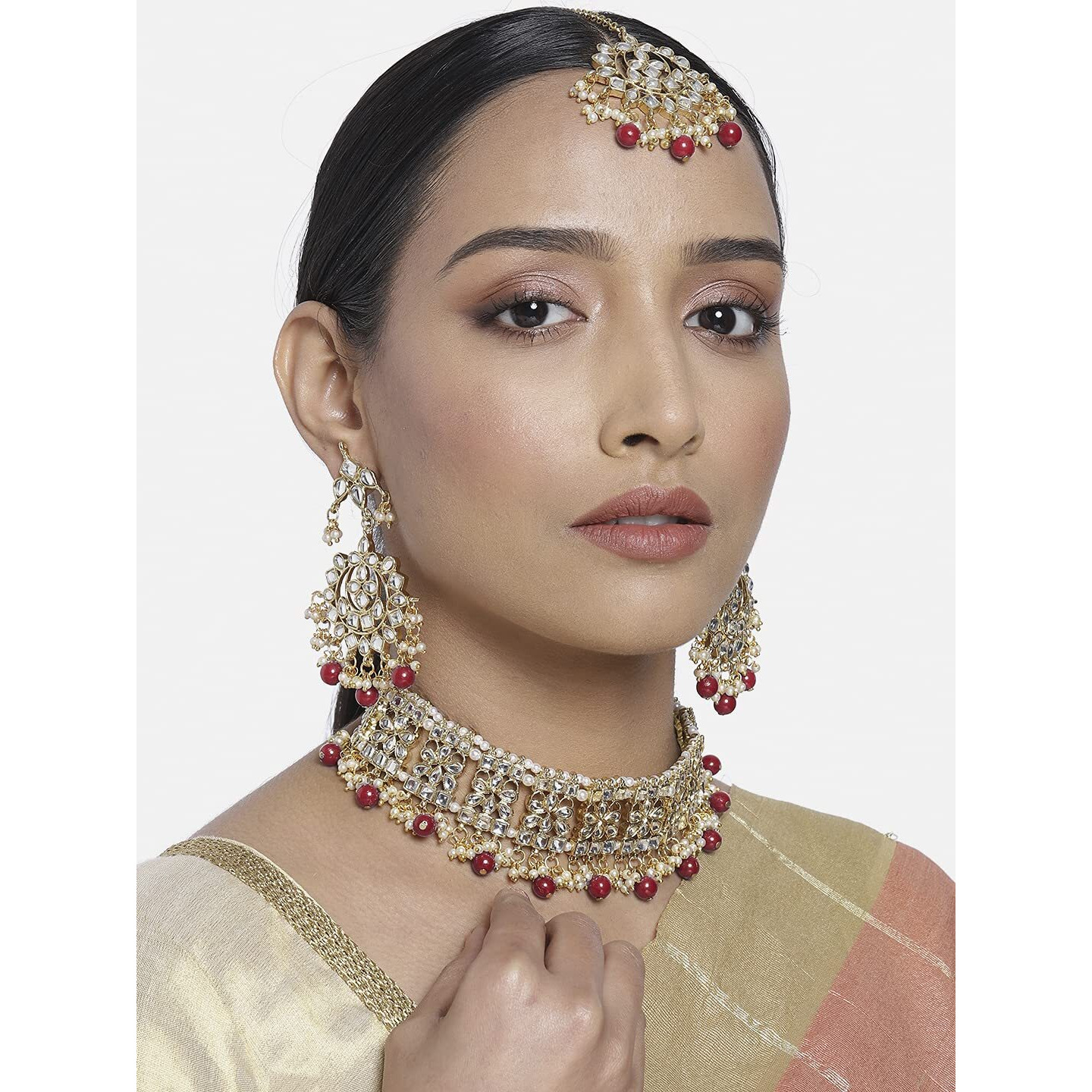 Peora Ethnic Indian Traditional Jewellery Kundan Choker Necklace Earring Maang Tikka Set for Women Girls (Maroon)