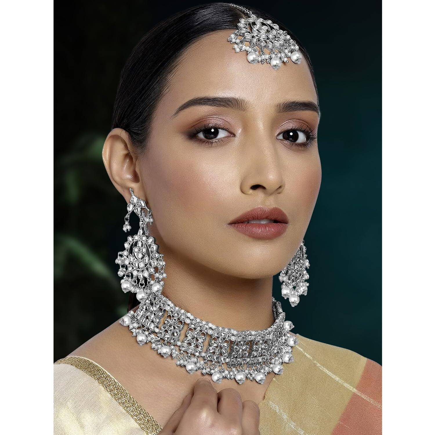 Peora Ethnic Indian Traditional Jewellery 18K Gold Plated Kundan Necklace Earring Mang Tikka Set for Women Girls (Silver)