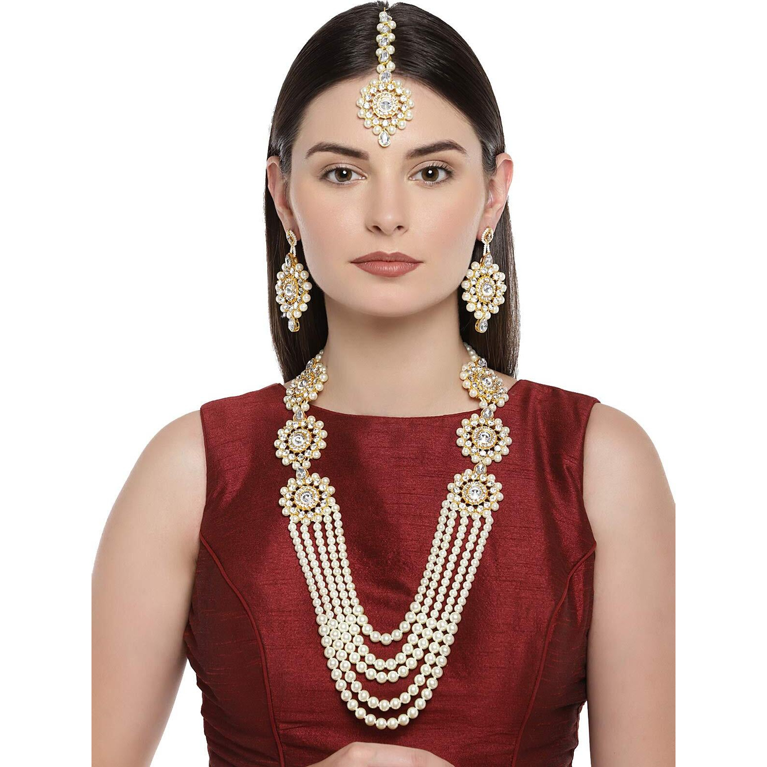 ZAVERI PEARLS Long Multi Layer Kundan & Pearl Necklace Set For Women-ZPFK7637