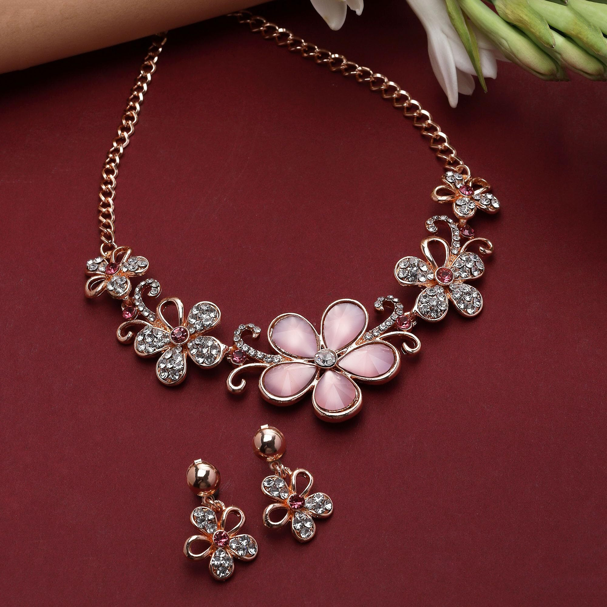 ZENEME Rose Gold-Plated American Diamonds Studded Floweret Necklace With Earrings Jewellery Set For Girls and Women (Pink)