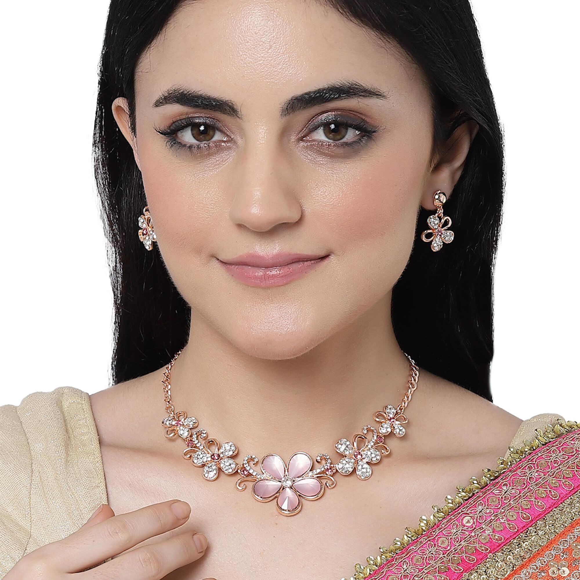 ZENEME Rose Gold-Plated American Diamonds Studded Floweret Necklace With Earrings Jewellery Set For Girls and Women (Pink)