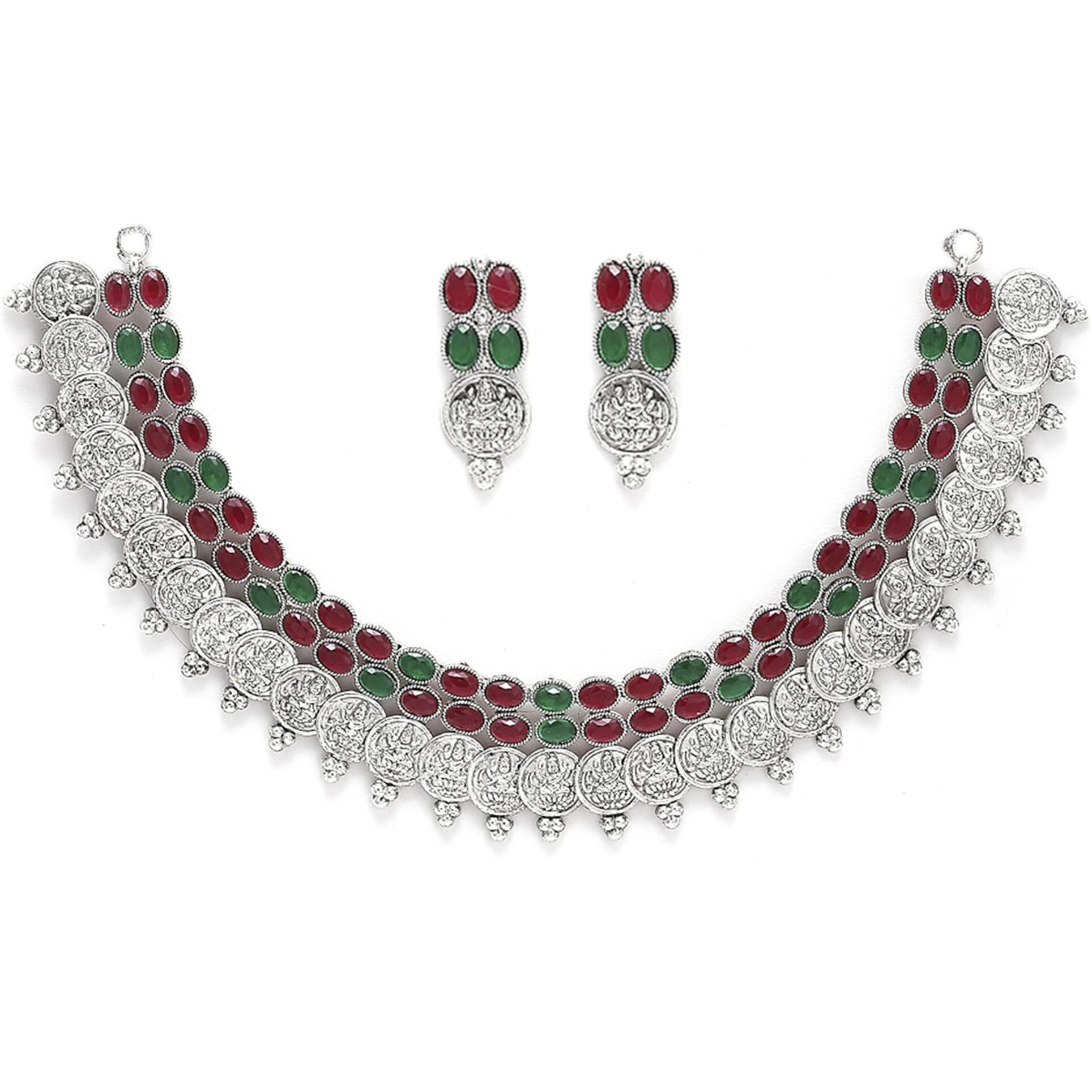 ZENEME New Antique Oxidised Silver Plated Traditional Temple Coin Red American Diamond Studded Necklace With Earrings Jewellery For Women & Girls (Red Green)
