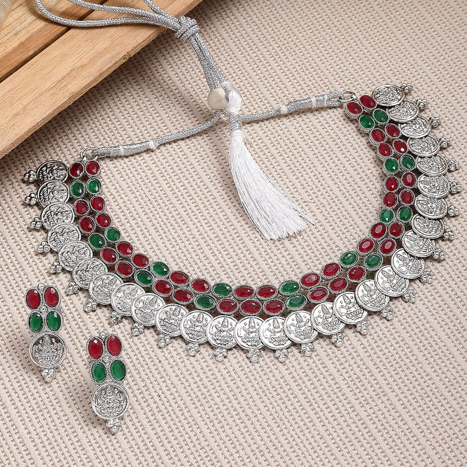 ZENEME New Antique Oxidised Silver Plated Traditional Temple Coin Red American Diamond Studded Necklace With Earrings Jewellery For Women & Girls (Red Green)