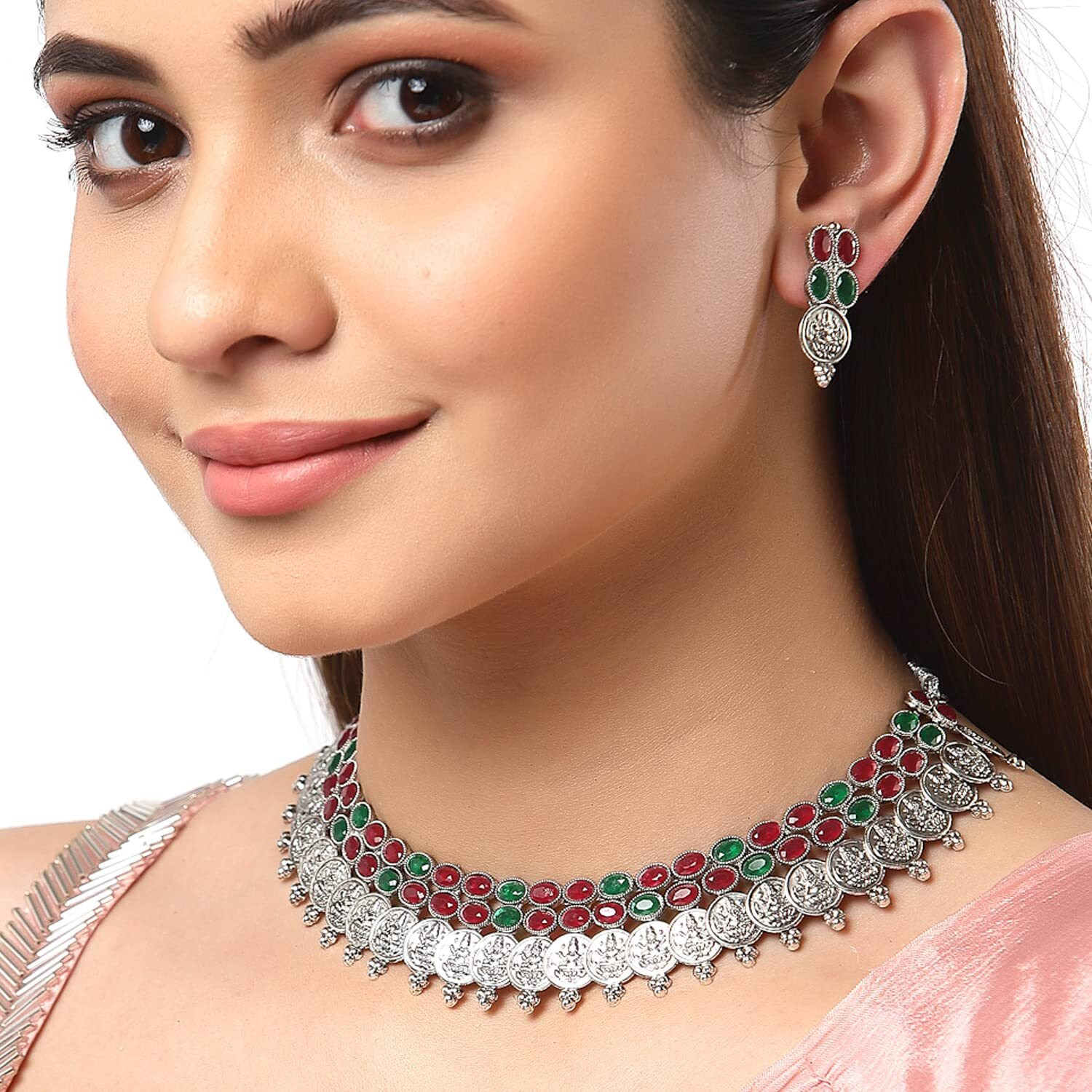 ZENEME New Antique Oxidised Silver Plated Traditional Temple Coin Red American Diamond Studded Necklace With Earrings Jewellery For Women & Girls (Red Green)