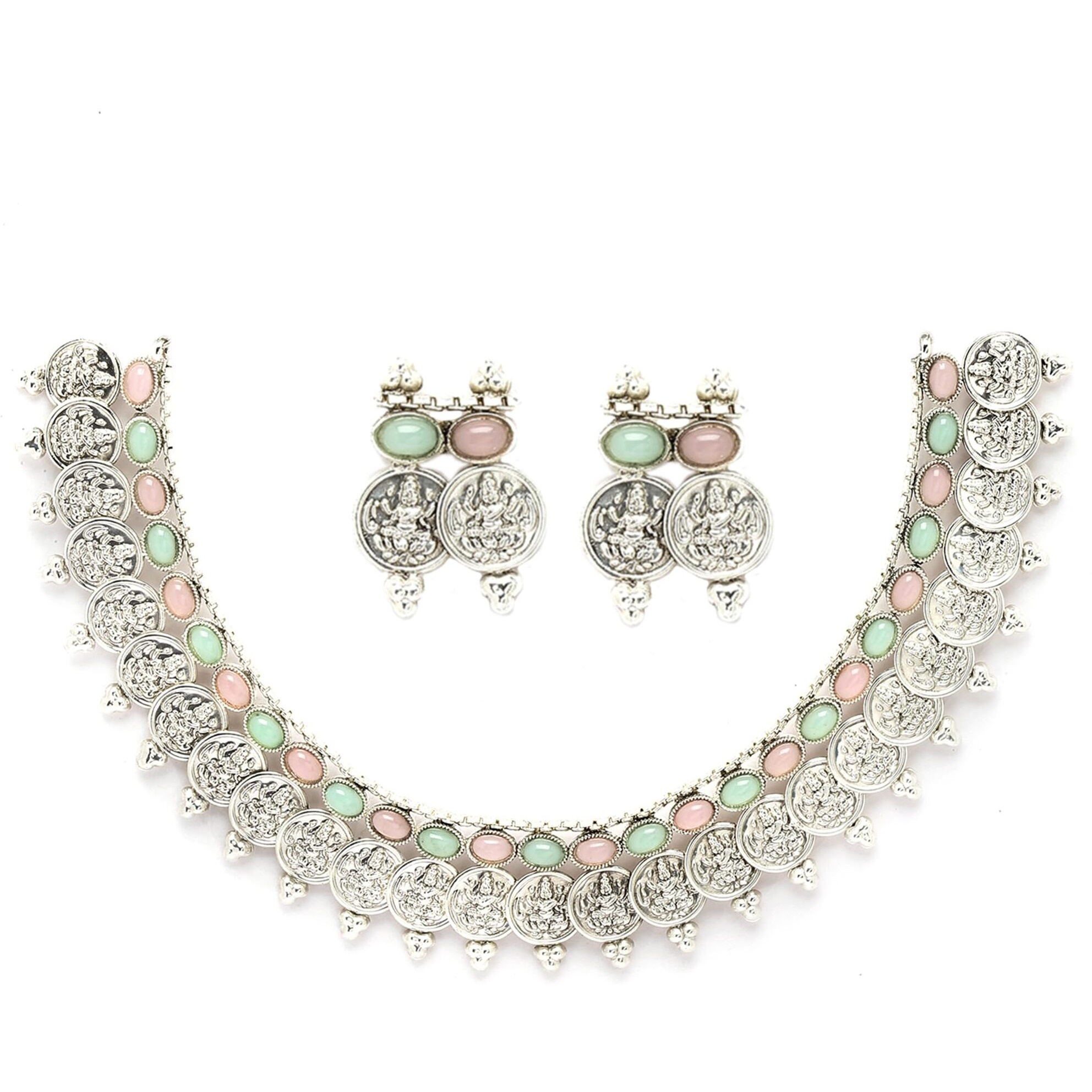 ZENEME New Antique Oxidised Silver Plated Traditional Temple Coin Red American Diamond Studded Necklace With Earrings Jewellery For Women & Girls (Sea Green & Pink)