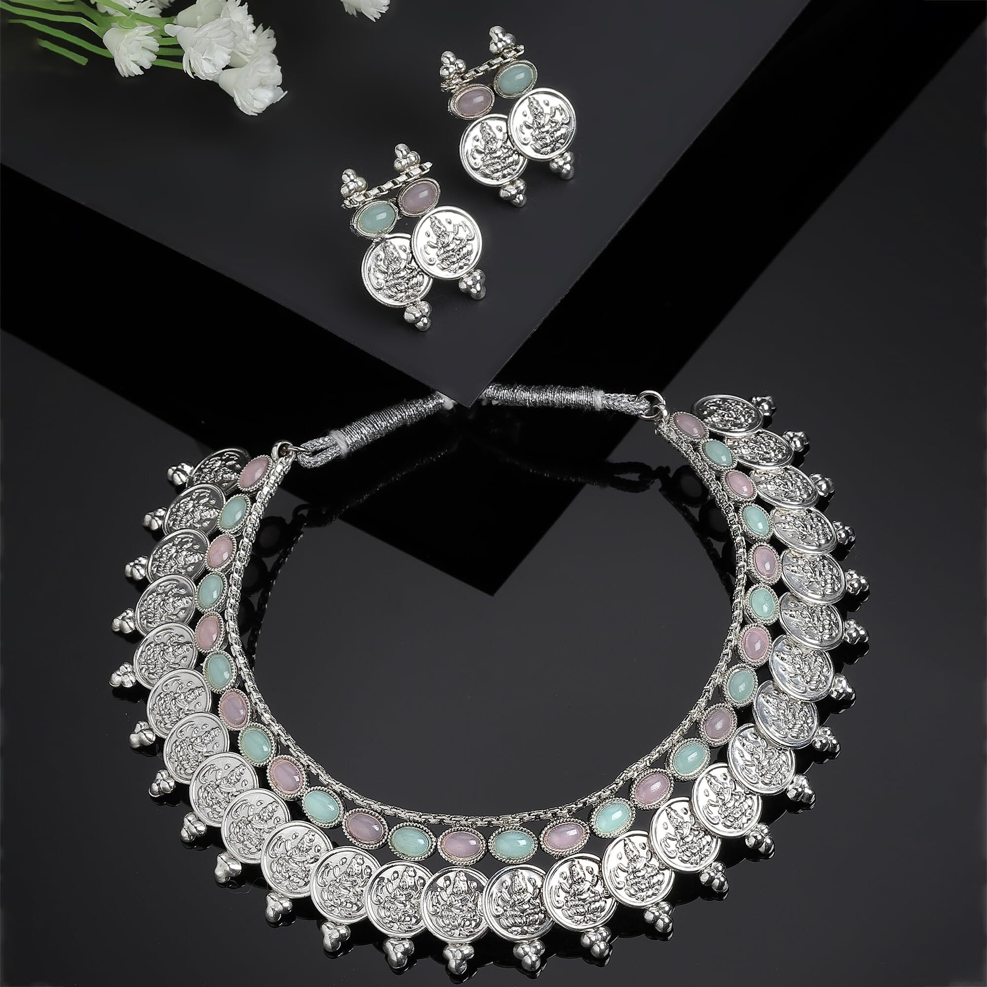 ZENEME New Antique Oxidised Silver Plated Traditional Temple Coin Red American Diamond Studded Necklace With Earrings Jewellery For Women & Girls (Sea Green & Pink)