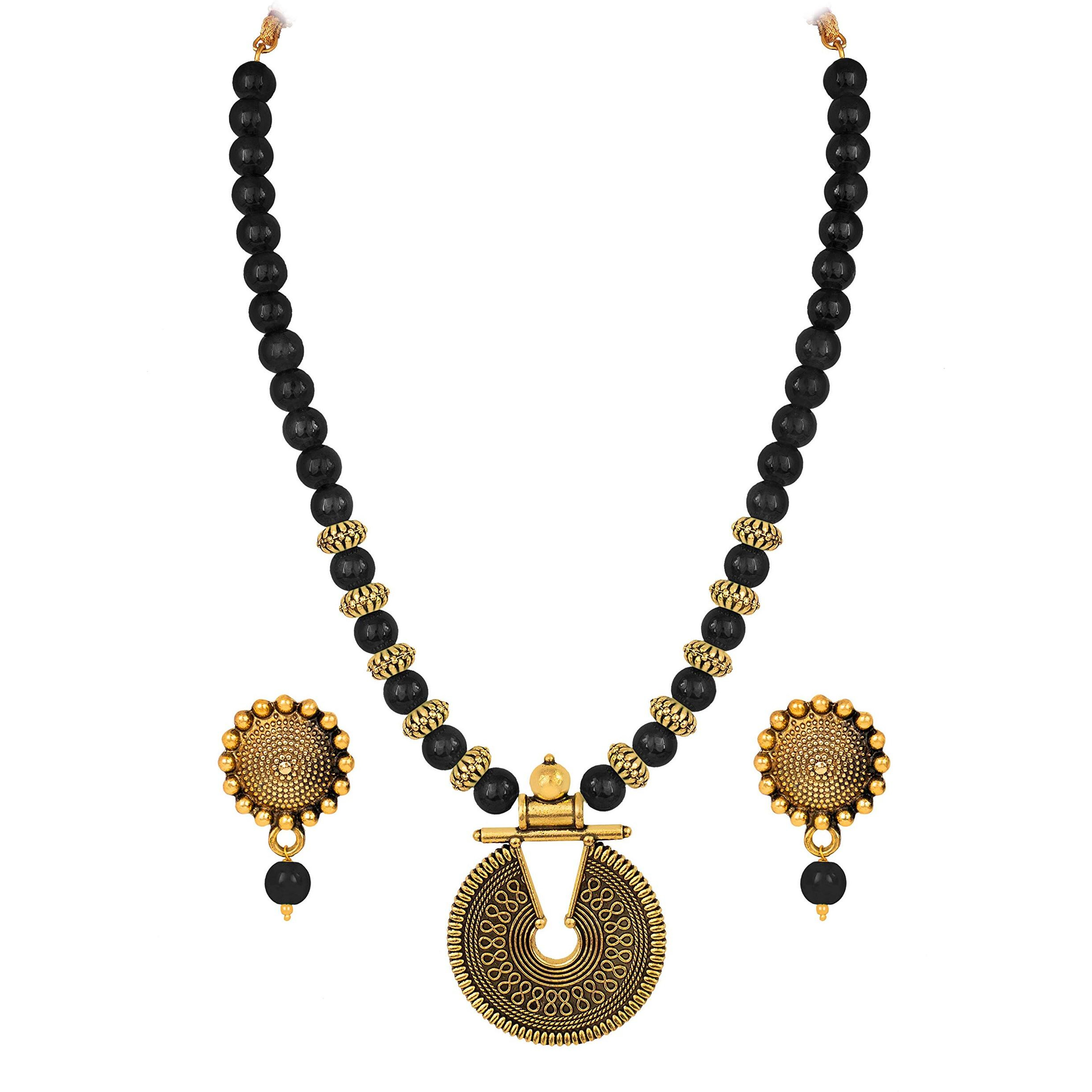 JFL - Jewellery for Less Gold Black Beaded Necklace set Keyhole pendant design adjustable length designer set for women & girls,Valentine