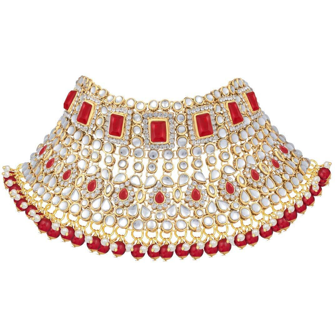 I Jewels 18K Gold Plated Traditional Handcrafted Faux Kundan Studded Bridal Jewellery Set with Earrings & Matha Patti for Women (IJ020R)