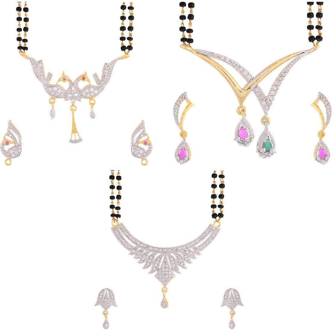 ZENEME Womens Pride Cubic Zirconia Gold Plated Mangalsutra Pendant With Chain Earrings Jewellery For Women Pack Of 3 (Design-10)